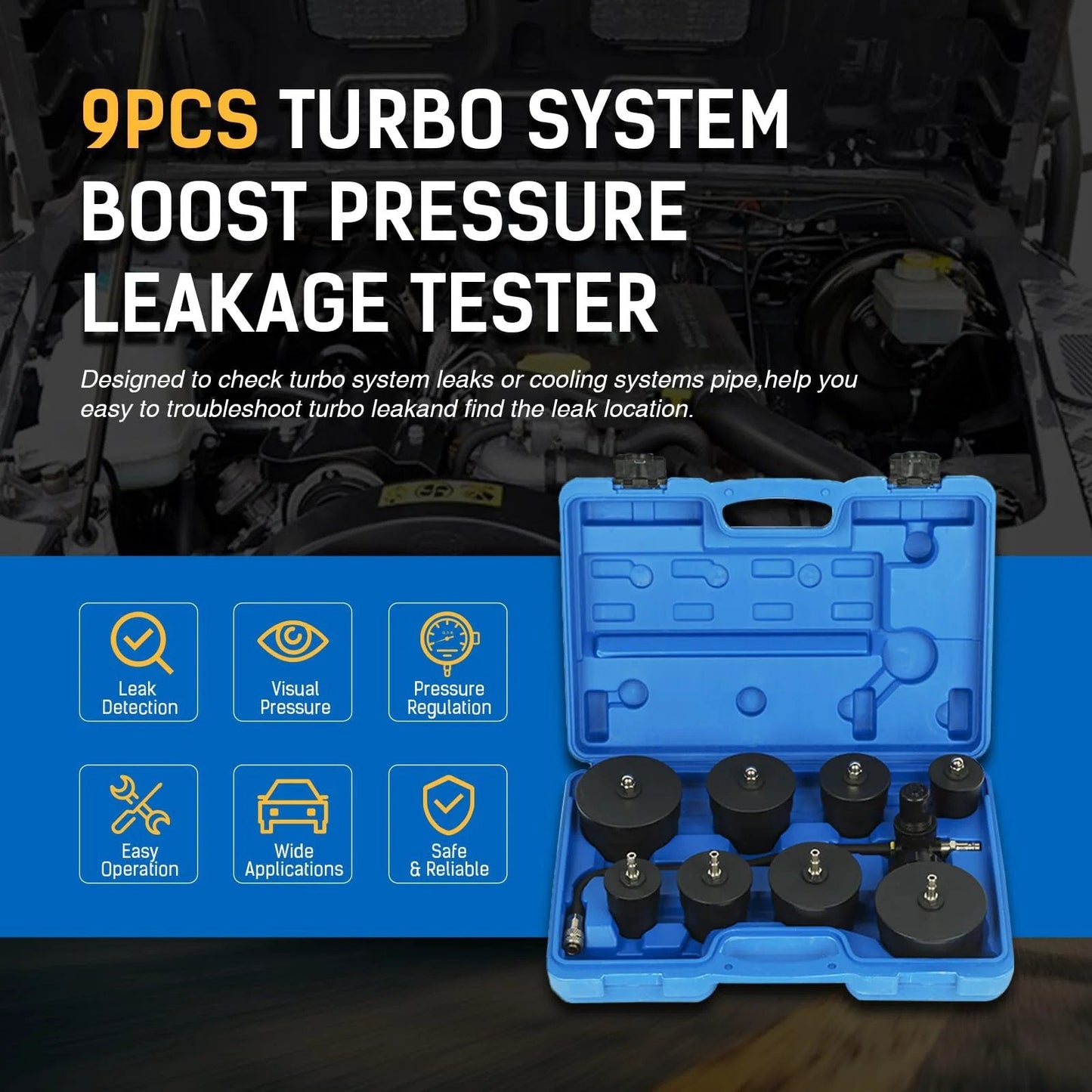 Turbo System Boost Leak Tester Kit with Eight Piece Step Adapters for Turbocharger and Intercooler Pressure Testing in case.