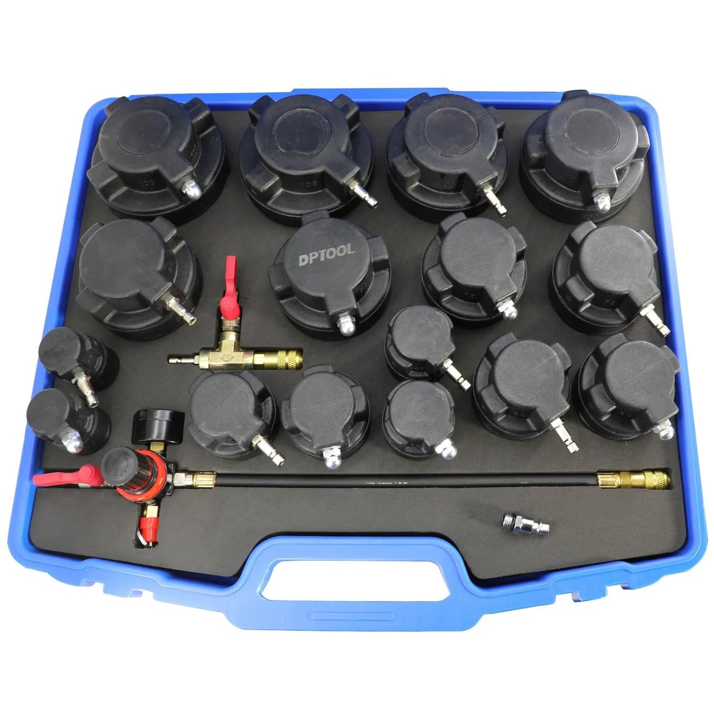Turbo System Leakage Tester Kit With 19 Pieces For Turbochargers And Intercoolers Includes 16 Stepped Adapters in a case.