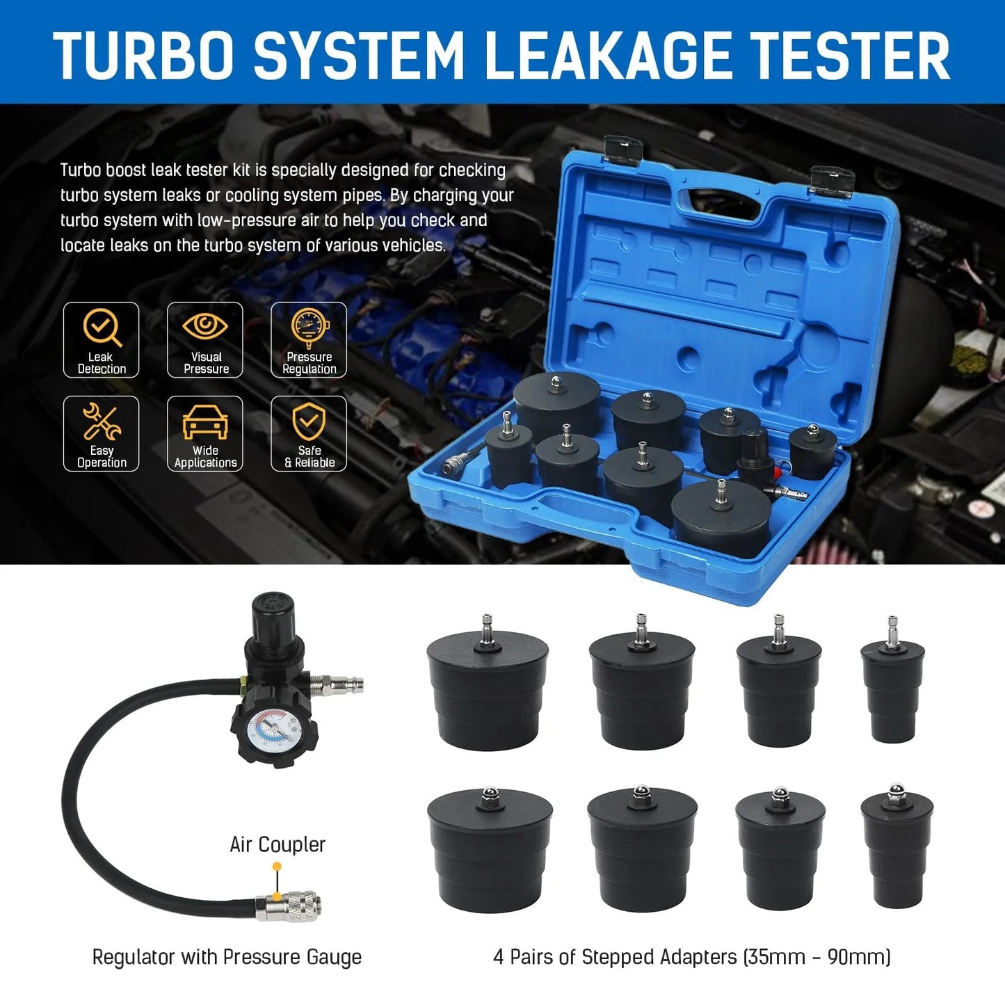 Turbo System Boost Leak Tester Kit With Eight Piece Step Adapters For Turbocharger And Intercooler Pressure Testing showing kit inside blue case.