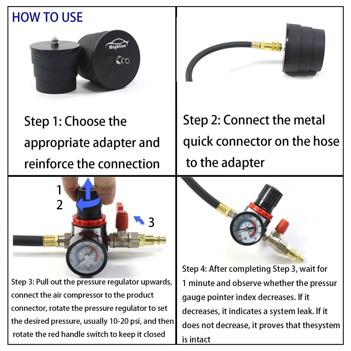 Instructions on how to use Turbo System Leakage Tester Kit with a pressure gauge, connectors, and steps for setup.