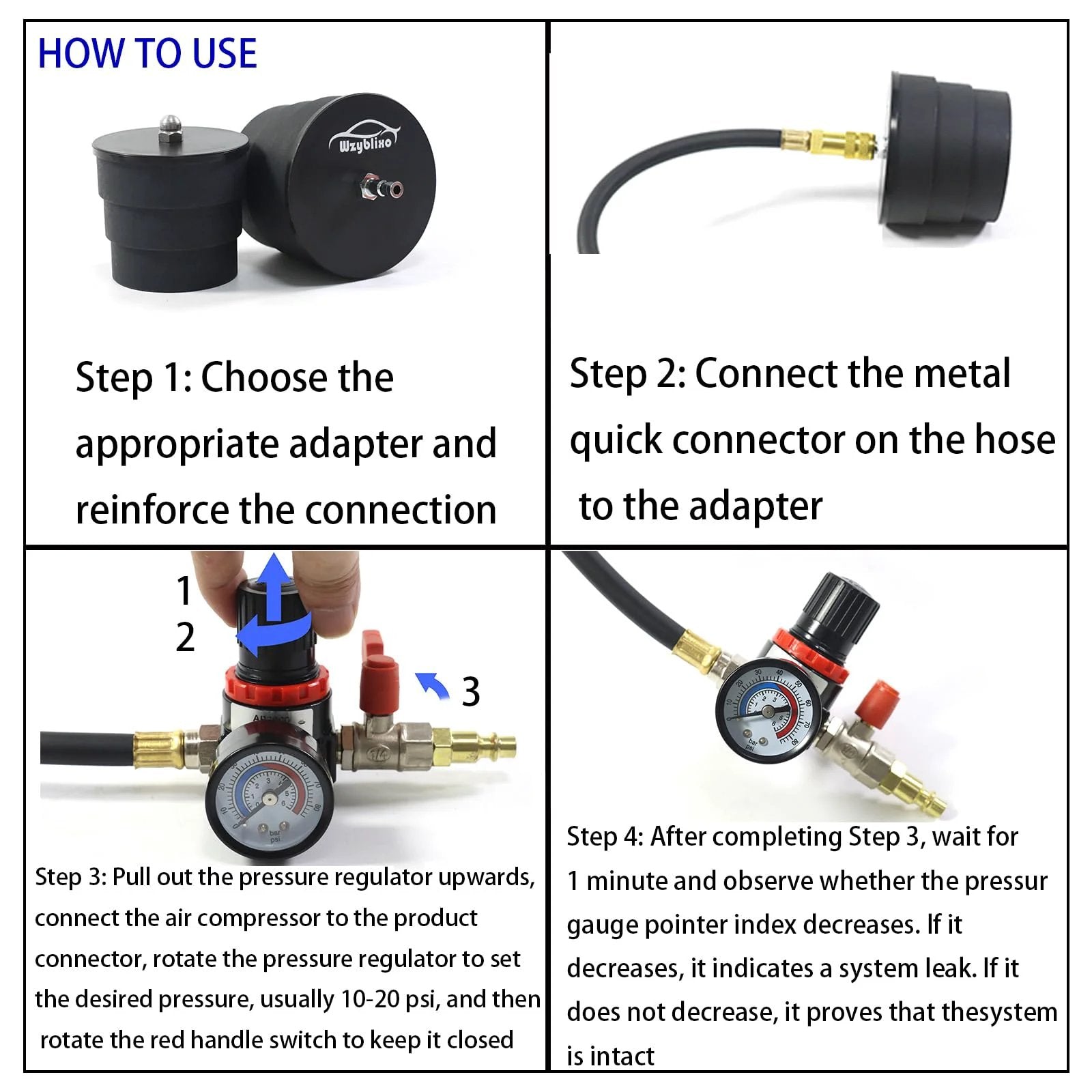 Instructions on how to use Turbo System Leakage Tester Kit with a pressure gauge, connectors, and steps for setup.