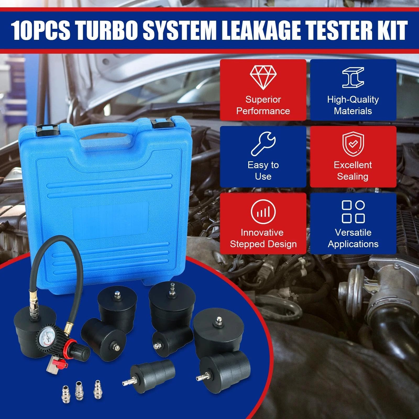 Turbo Boost Leak Tester Kit For Turbo Emissions Cooling And Exhaust Systems With Four Stepped Adapters From One And Three Eighths Inch To Three And A Half Inch And Ten Piece Pro Set Quick And Precise Leak Detection For Cars And Light Trucks Nyxova with blue carrying case and adapters displayed.