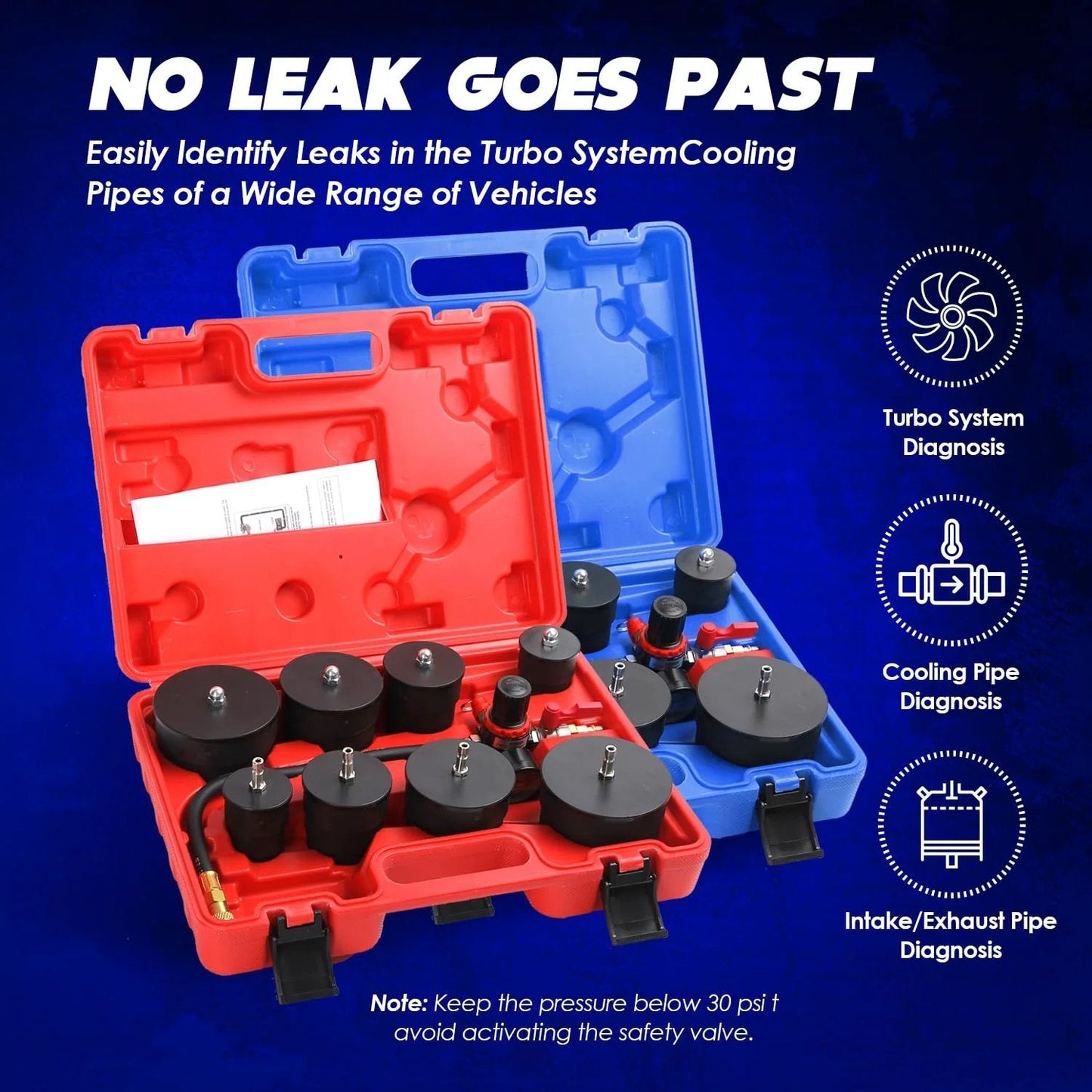 Turbo System Leakage Tester Kit For Turbocharger And Emissions Testing 10 Piece Air Pressure Kit with red and blue case, adapters visible.