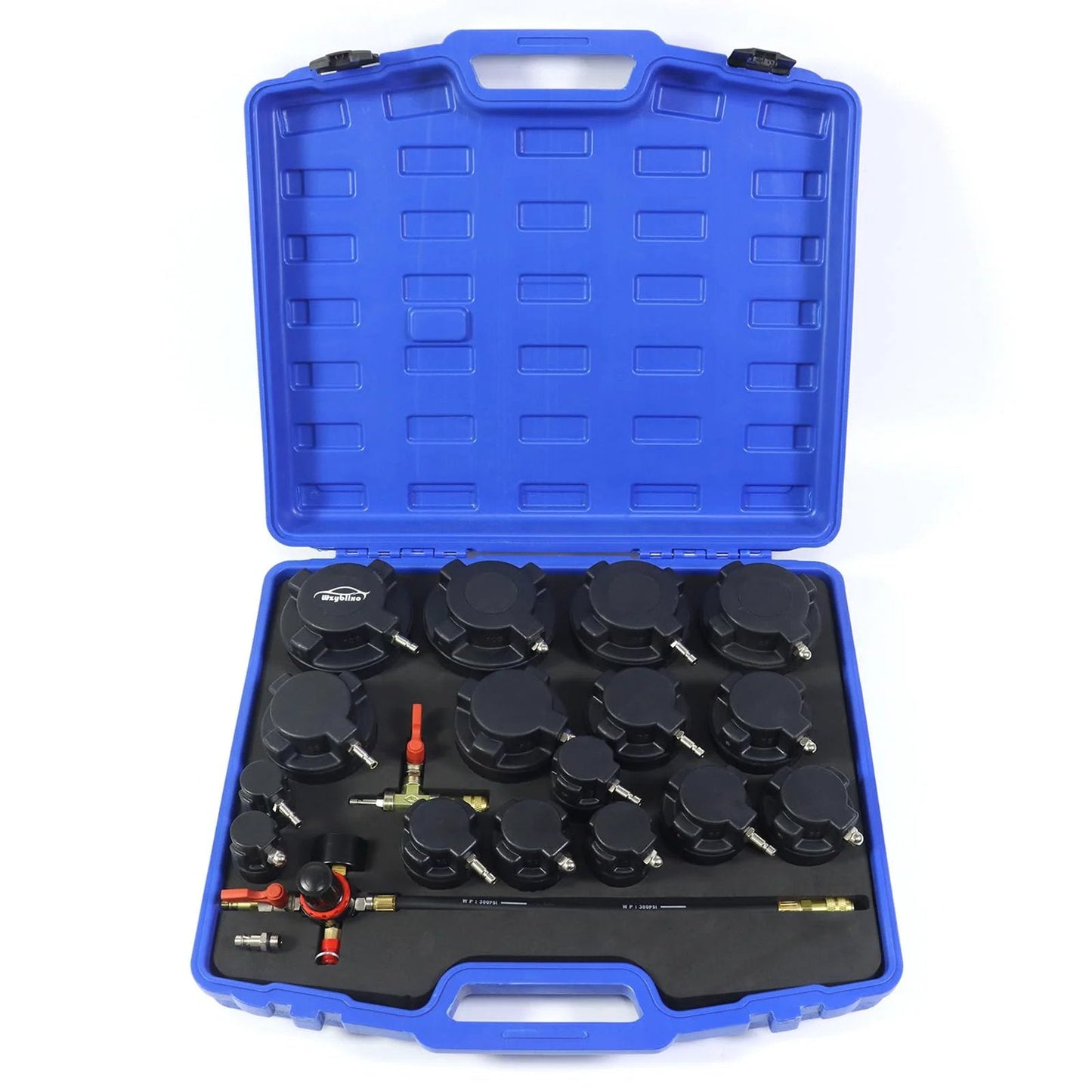 Turbo System Leakage Tester Kit For Cars And Trucks, 19-Piece Turbo Boost Leak Tester Set arranged in a blue case.