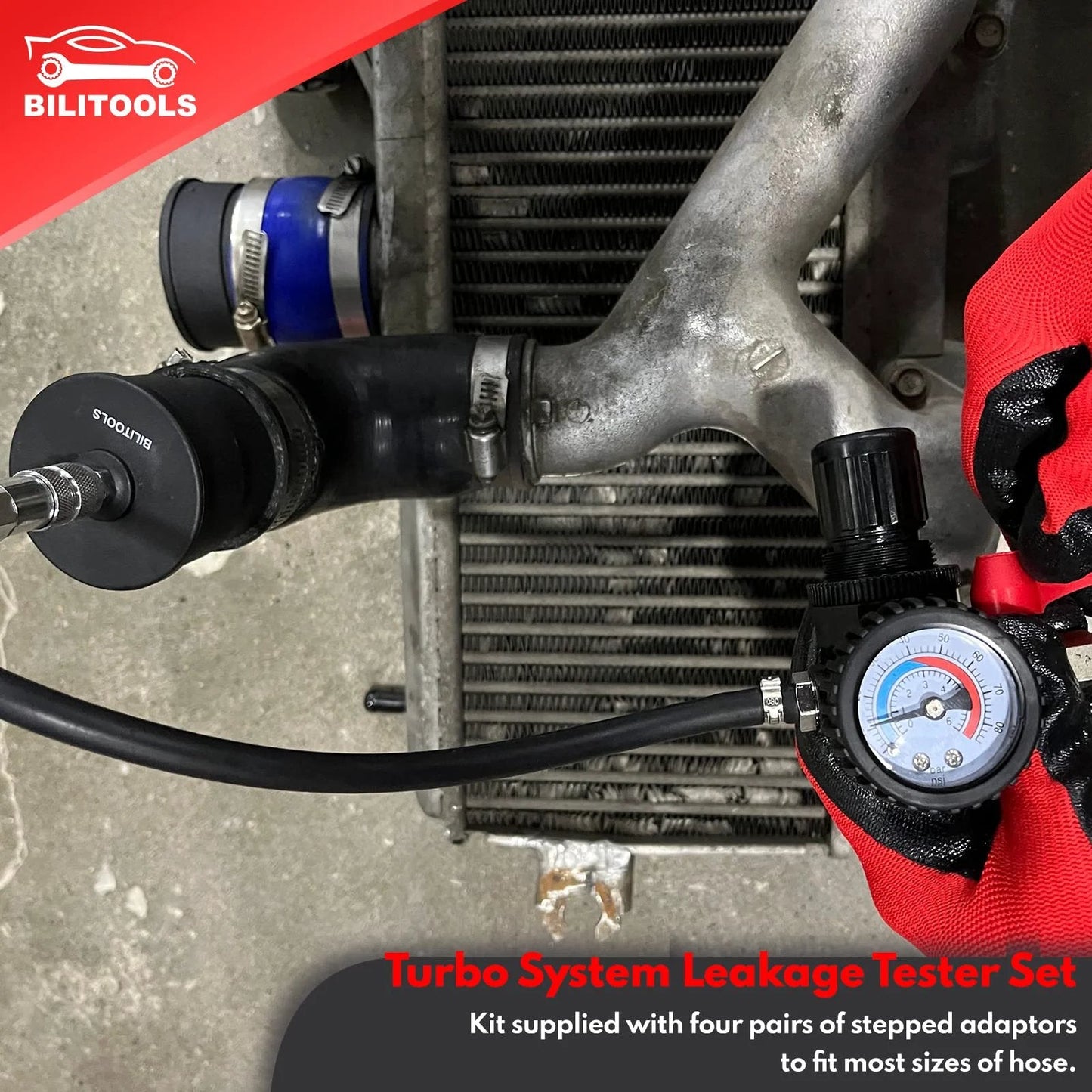 9 Piece Turbo System Leakage Tester Kit For Turbochargers And Lines Low Pressure Air Leak Detector shown with gauge and adapters