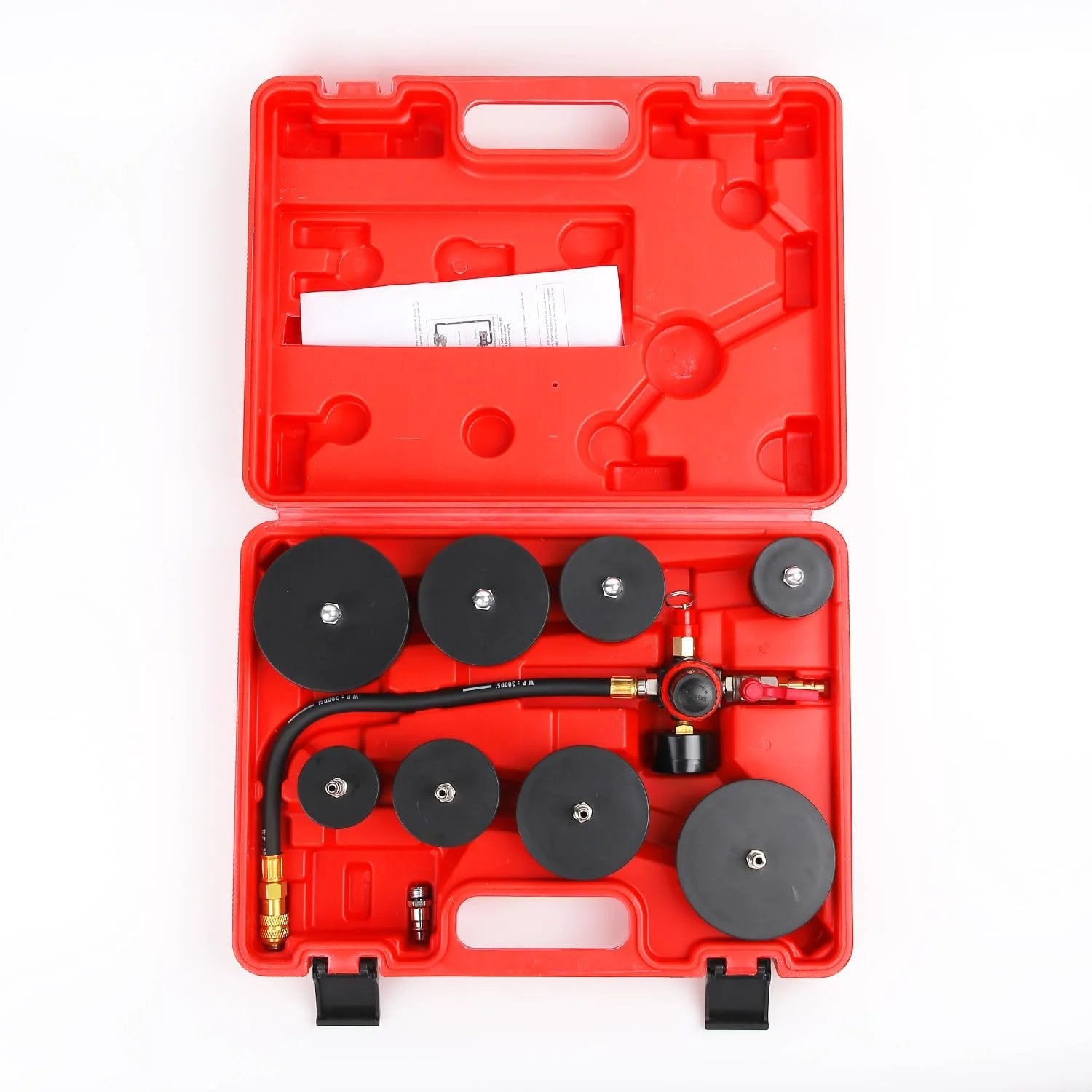 Turbo System Leakage Tester Kit For Turbocharger And Emissions Testing 10 Piece Air Pressure Kit displayed in a red case with adapters.