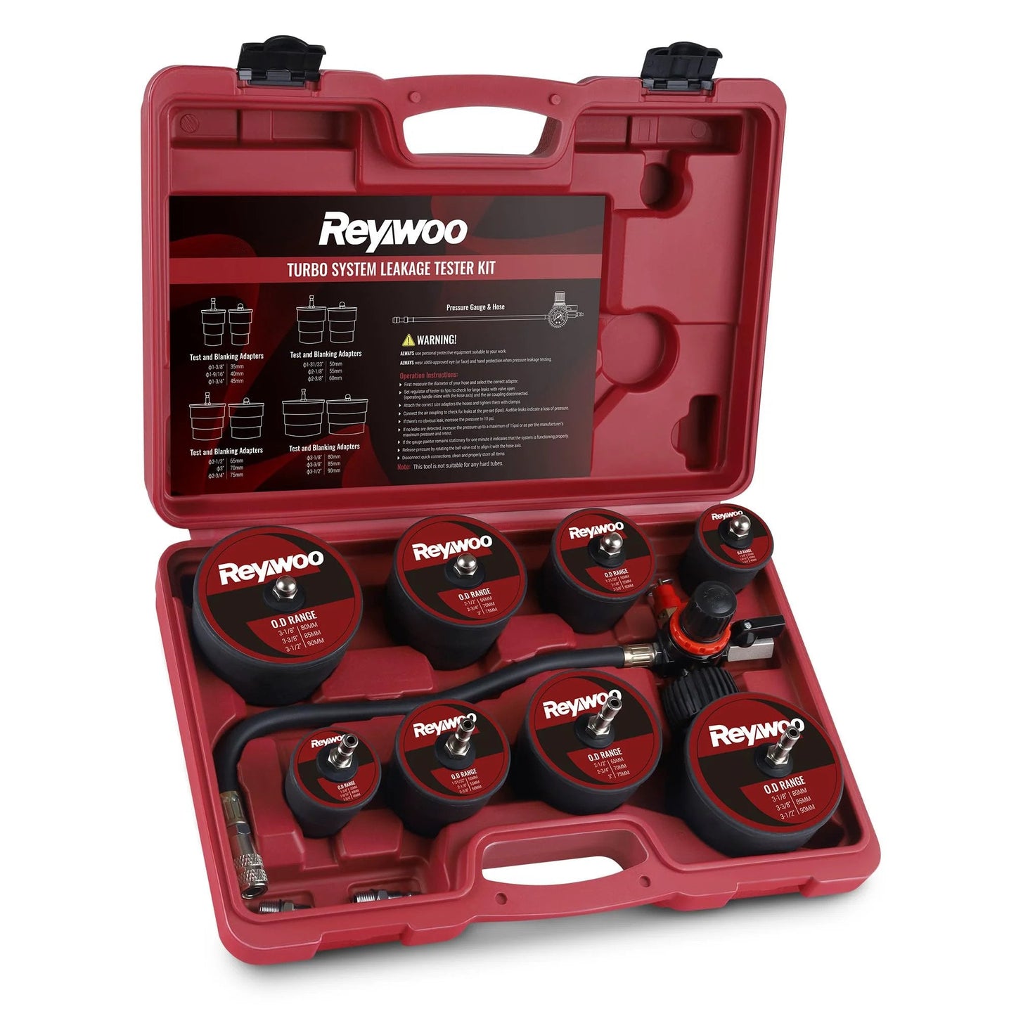 Turbo Boost Leak Tester Kit For Cars And Light Trucks 10 Piece Leakage Tester Set in red case with adapters for testing leaks.