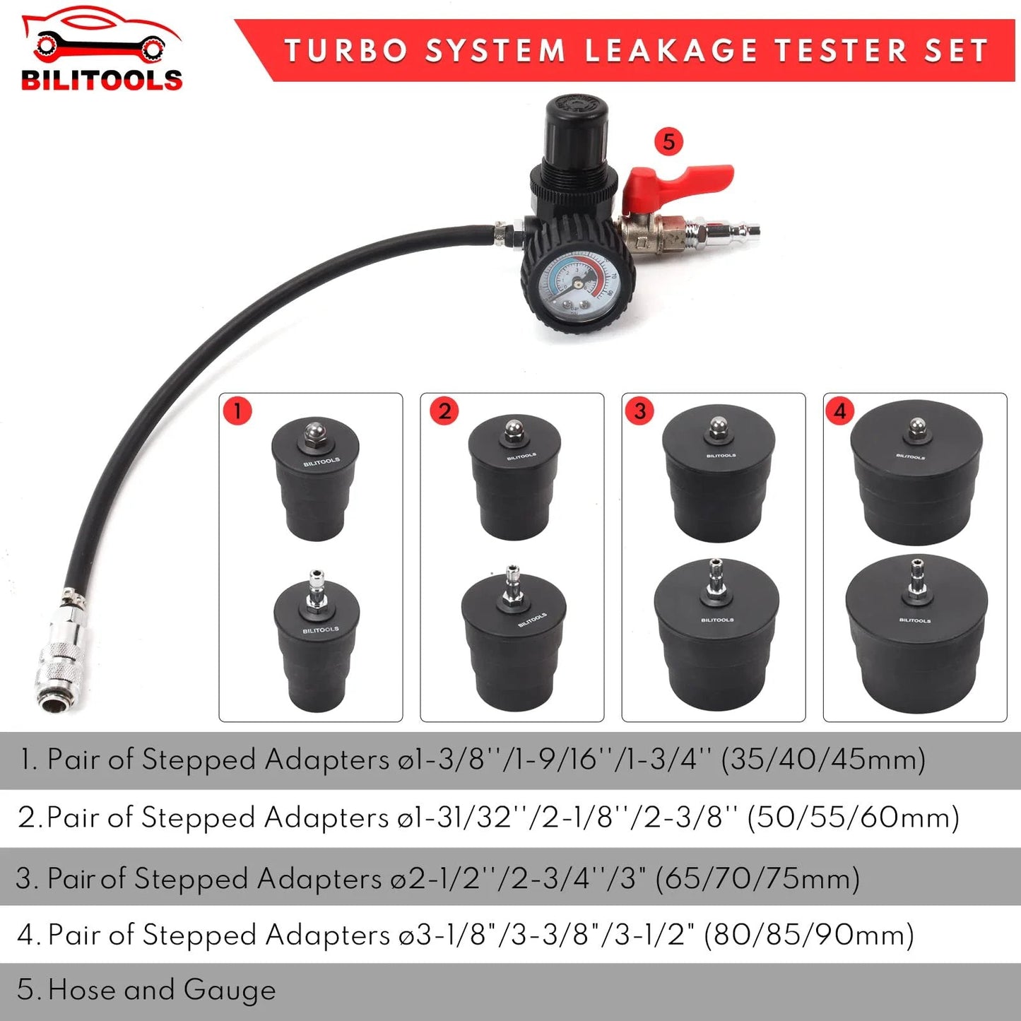9 Piece Turbo System Leakage Tester Kit For Turbochargers And Lines Low Pressure Air Leak Detector with adapters and gauge.