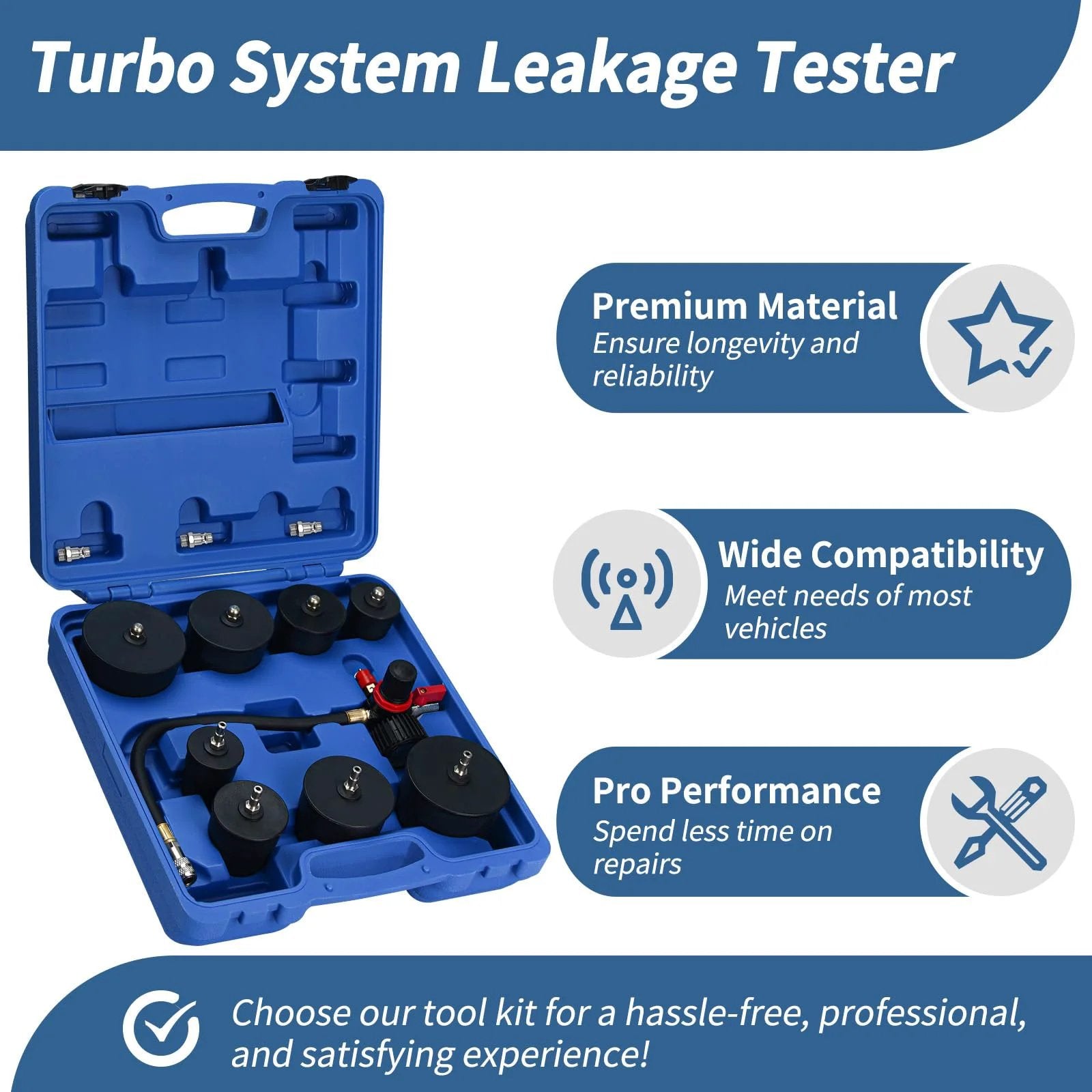 Turbo System Leakage Tester Kit for Cars and Light Trucks With 4 Pairs Of Stepped Adapters 1-3/8 To 3-1/2 Inch in blue case.