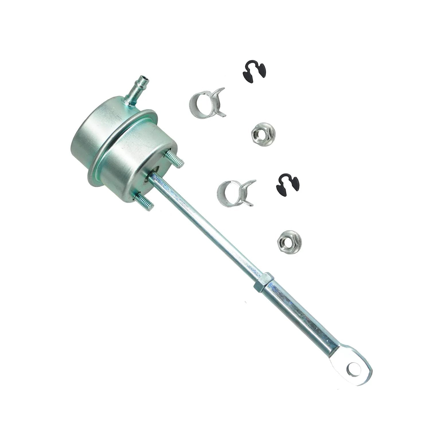 Upgrade Turbo Wastegate Vacuum Actuator For Holset HX35 HX35W HX40 HX40W HE351CW Turbos And Dodge Ram 2500 3500 Cummins 6BT ISB Engine MT Not For 2002 24V Cummins, side view with mounting hardware.