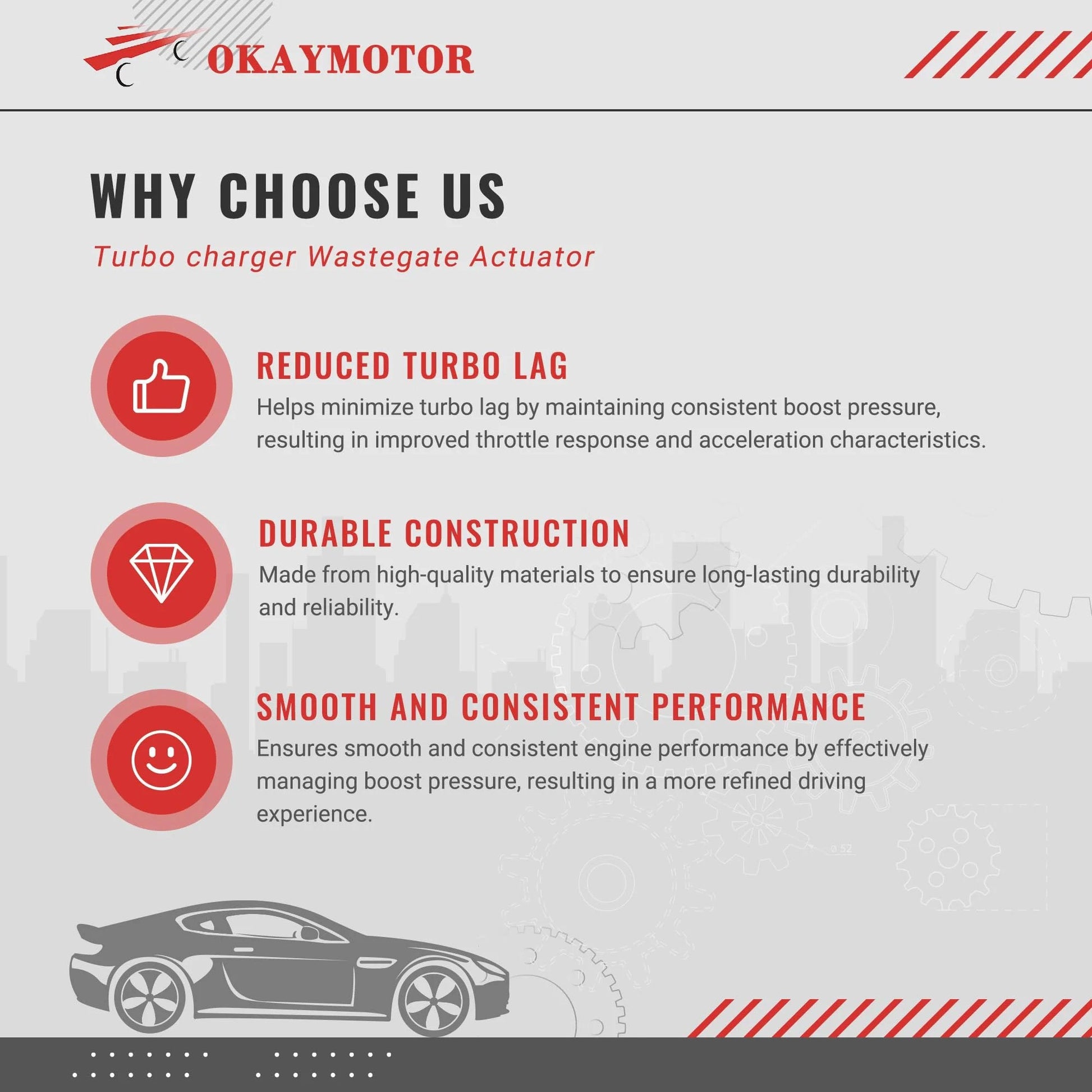 Infographic detailing benefits of Turbocharger Wastegate Actuator for BMW 2 0L Turbo Engines, highlighting performance and durability.