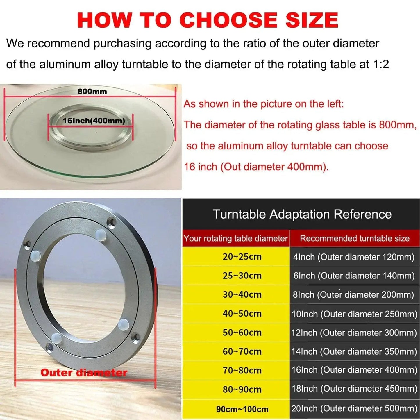 Size guide and measurements for Heavy Duty Aluminium Alloy Turntable Bearing for Lazy Susan Rotating Plate.