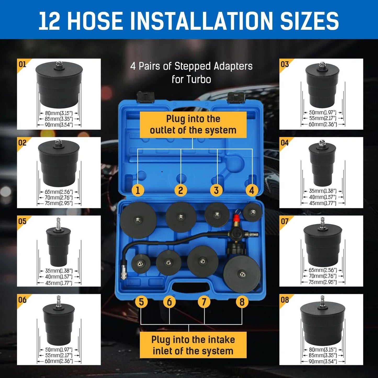 Turbo System Boost Leak Tester Kit With Eight Piece Step Adapters for Turbocharger and Intercooler Pressure Testing, showing 12 hose installation sizes.