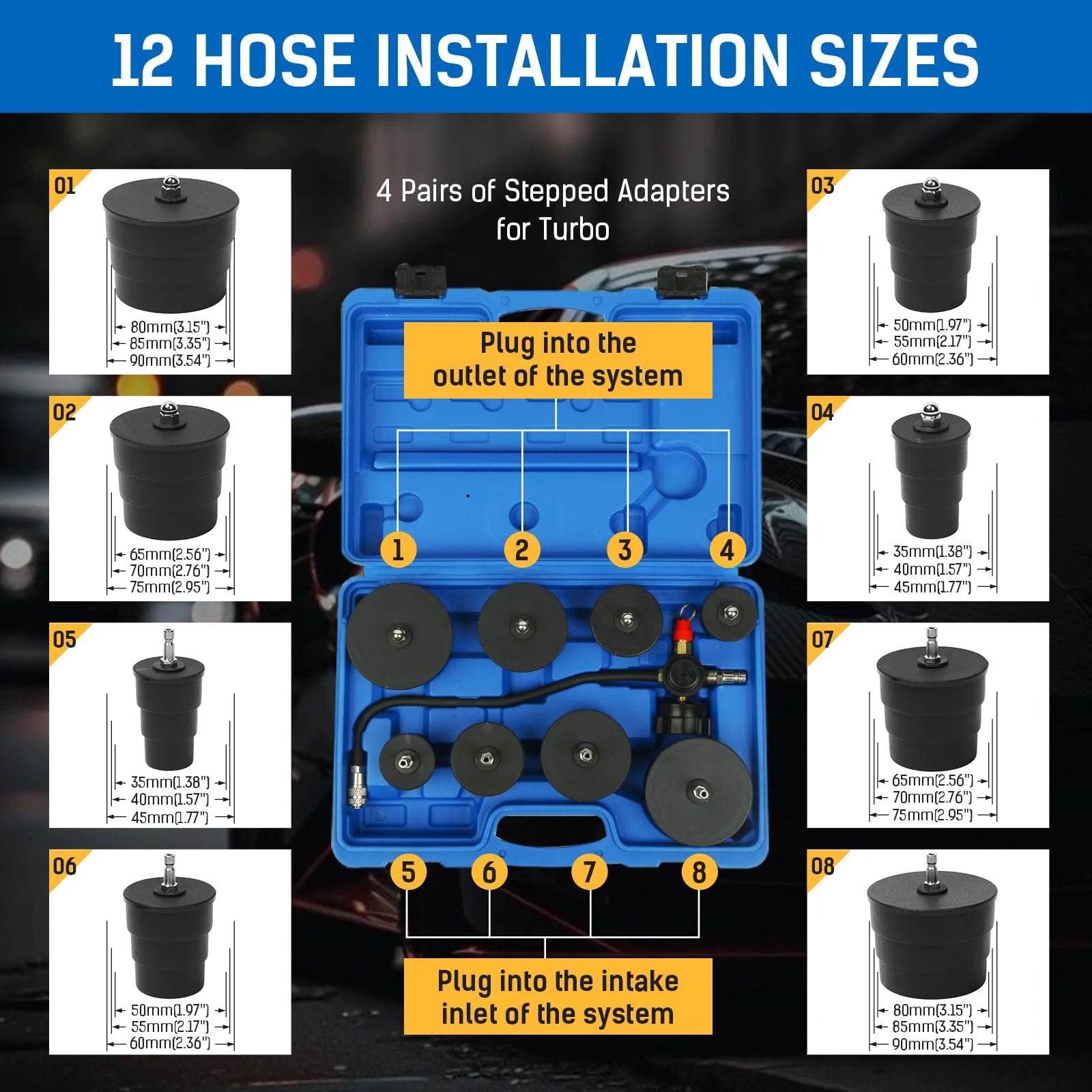 Turbo System Boost Leak Tester Kit With Eight Piece Step Adapters for Turbocharger and Intercooler Pressure Testing, showing 12 hose installation sizes.
