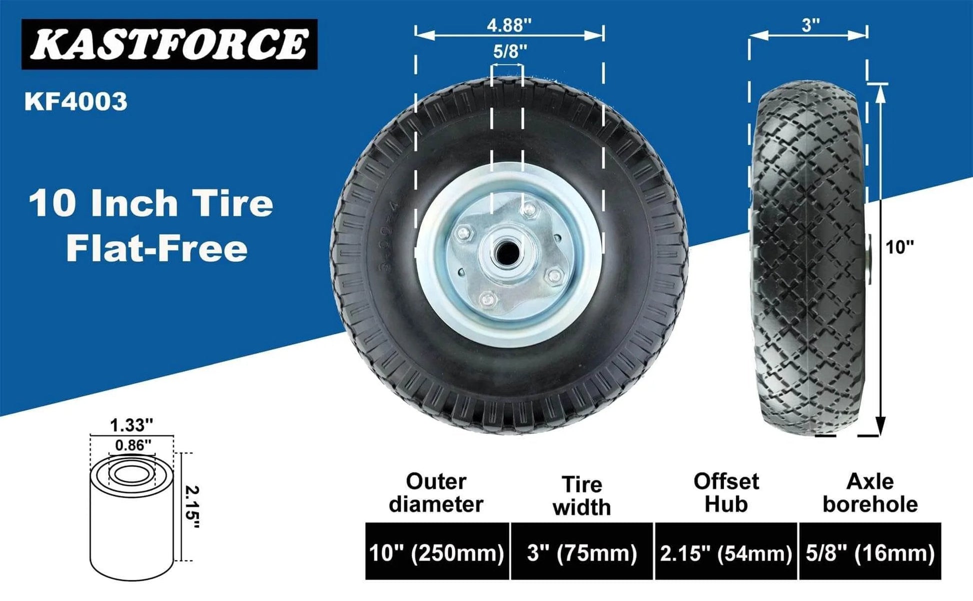 Kf4003 twin pack 10-inch solid rubber tire wheels replacement 3.00-4 tires wheels flat free with 5/8" bearings shown from front view