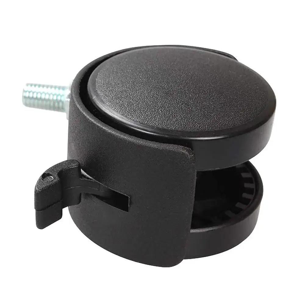 Twin Wheel Nylon Castors With M8 x 13mm Threaded Stem For Office Chairs Shelves And Carts, 100lb Total Capacity, close-up view with brake