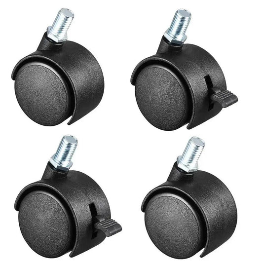Twin Wheel Nylon Castors With M8 x 13mm Threaded Stem For Office Chairs Shelves And Carts, 4-pack, black, close-up view.