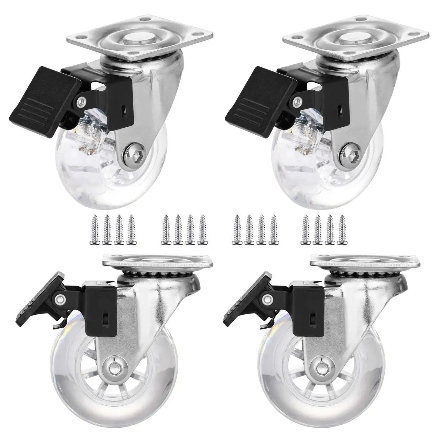 Two Inch Caster Wheels Set Of Four With Brakes Heavy Duty Clear Swivel Plate Castors With Noise Free Operation And Transparent Polyurethane Wheels 200 Pound Total Capacity Ideal For Carts Cabinets Tool Chests And Workbenches In Homes Or Workshops