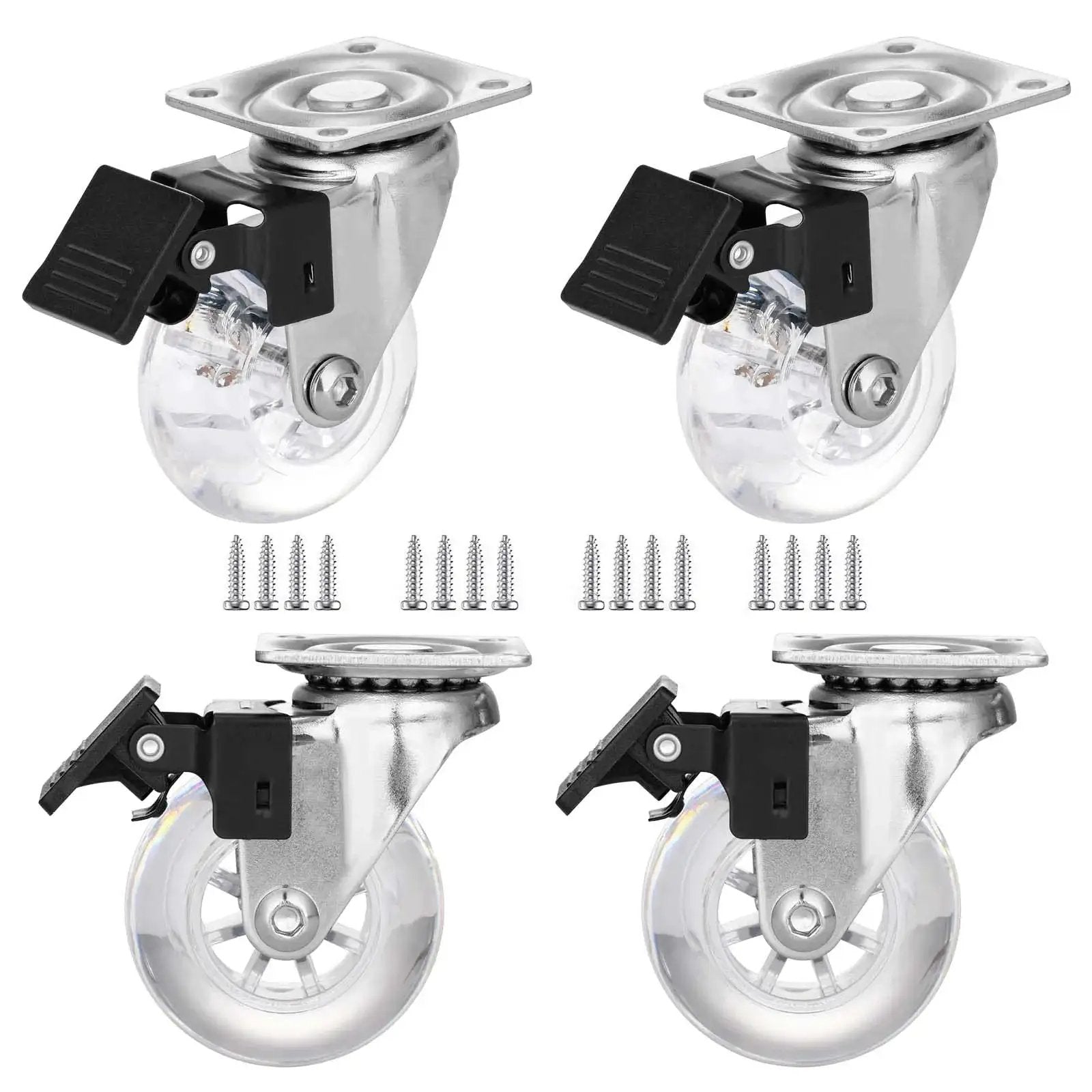 Two Inch Caster Wheels Set Of Four With Brakes Heavy Duty Clear Swivel Plate Castors With Noise Free Operation And Transparent Polyurethane Wheels 200 Pound Total Capacity Ideal For Carts Cabinets Tool Chests And Workbenches In Homes Or Workshops