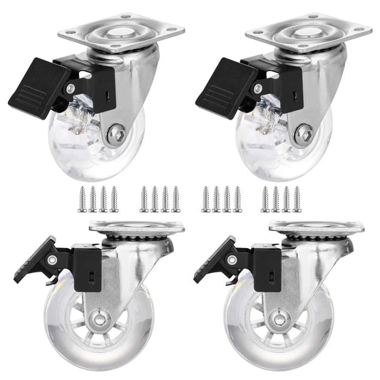 Two Inch Caster Wheels Set Of Four With Brakes Heavy Duty Clear Swivel Plate Castors With Noise Free Operation And Transparent Polyurethane Wheels 200 Pound Total Capacity Ideal For Carts Cabinets Tool Chests And Workbenches In Homes Or Workshops