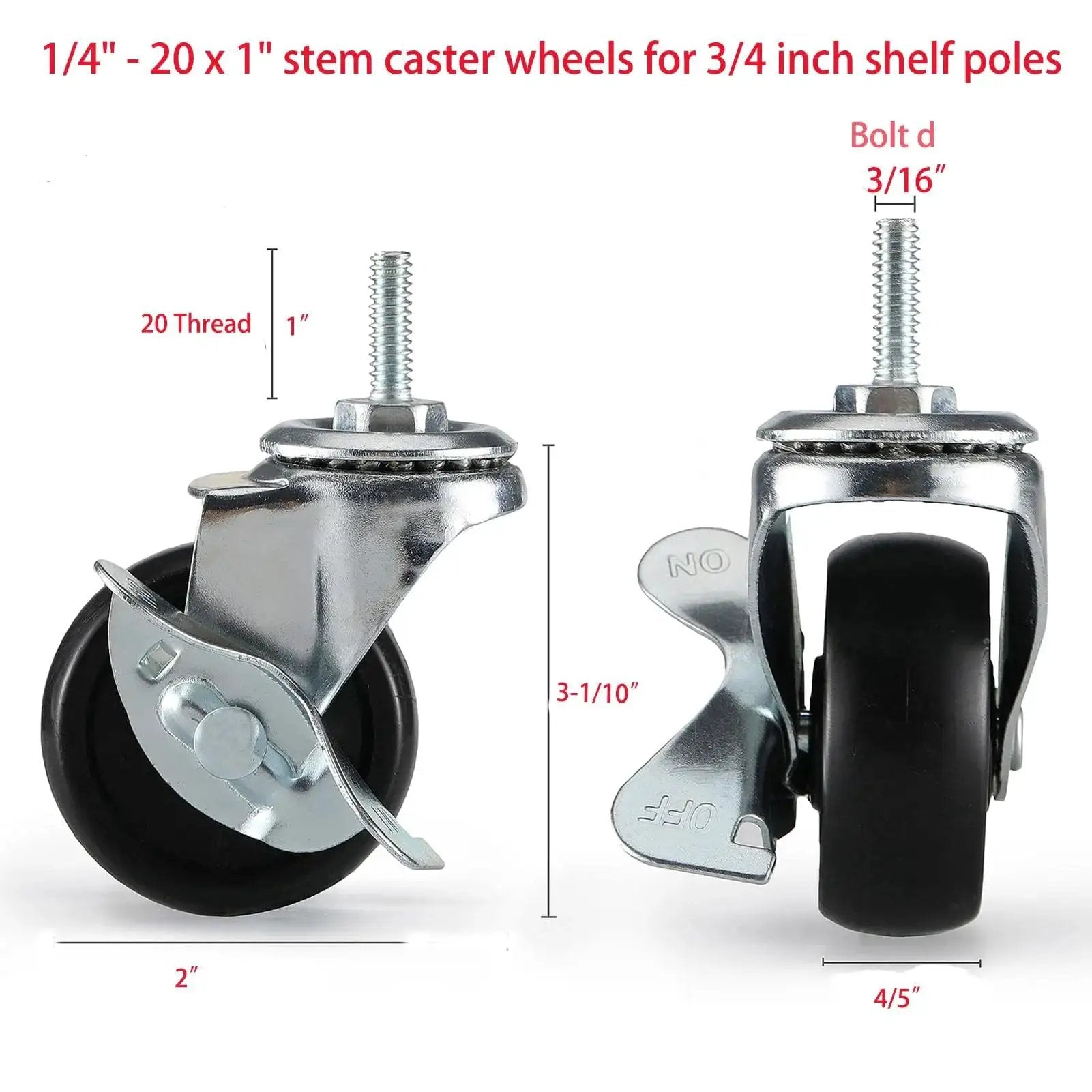 Two Inch Rubber Stem Casters For Wire Shelving And Rolling Carts Set Of Four With One Quarter Inch Threaded Stem Replacement Wheels