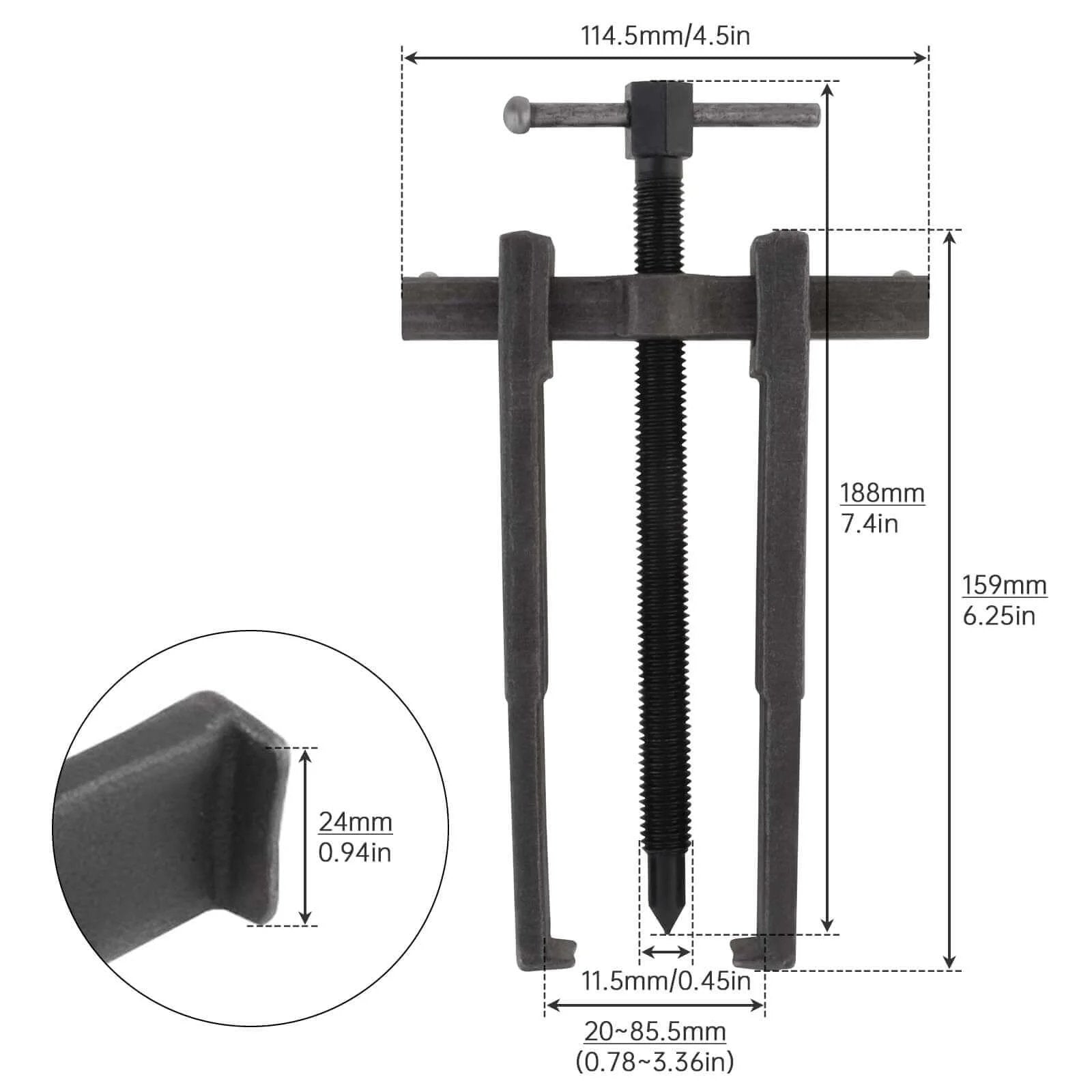 Diagram of Two Jaws Bearing Puller/Remover, Adjustable Two Jaw Puller Tool, Carbon Steel Pump Pulley Remover with dimensions