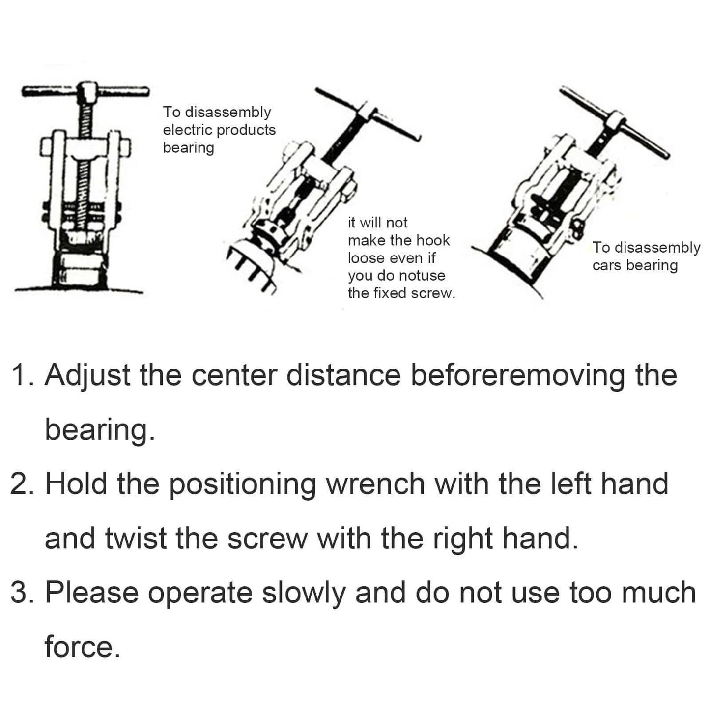 Illustration of Two Jaws Bearing Puller Tool with instructions for disassembling bearings in electric products and cars.