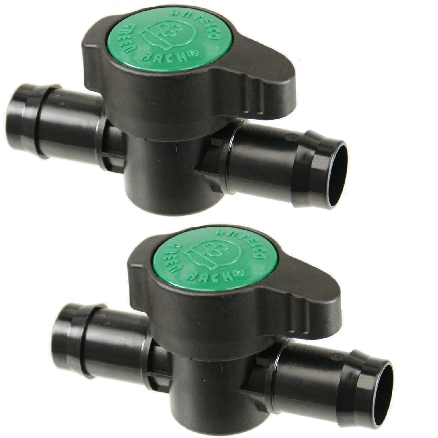 Two Pack Inline Barbed Ball Valve For Three Quarters Inch Tubing To Regulate Water Flow And Shut Off In Aquariums Hydroponics Drip Irrigation And Garden Systems Durable Inline Valve With Easy Grip Knob And Barbed Ends Habitech showing front view of black plastic valves with green top.