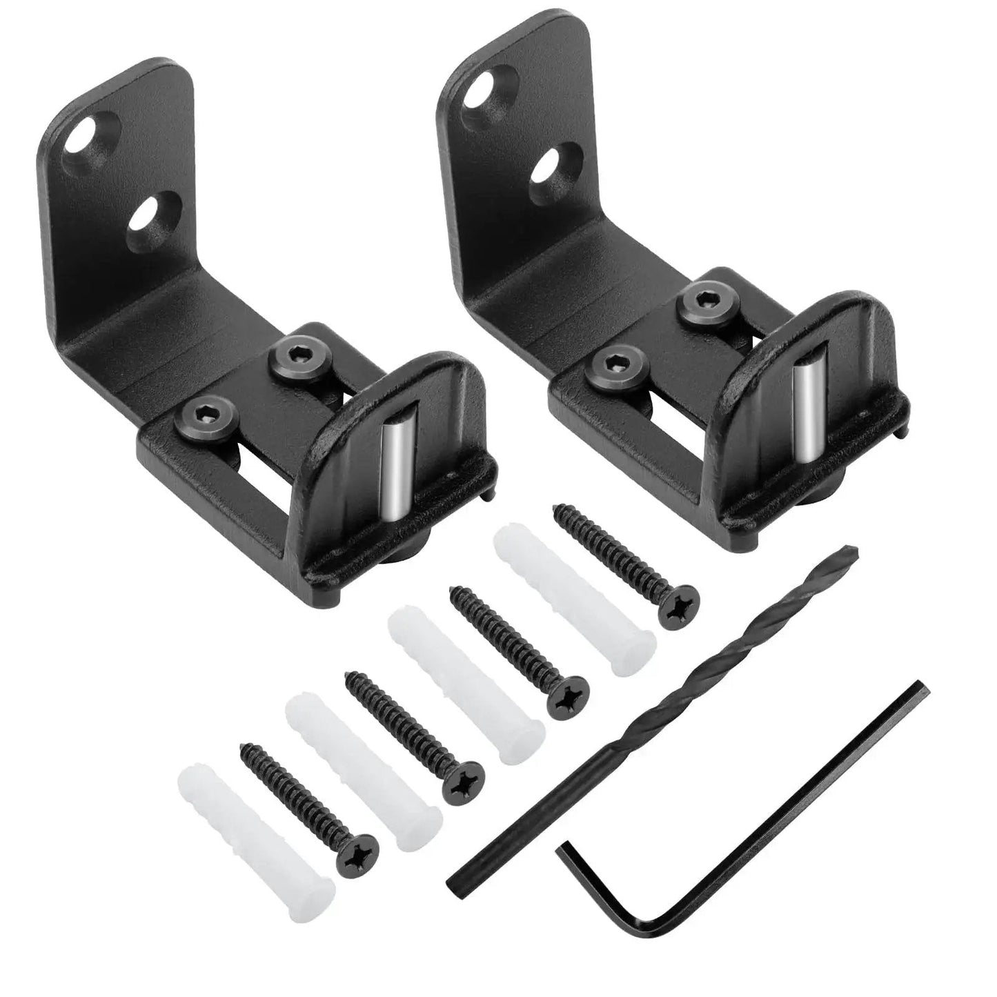 Two Pack Adjustable Barn Door Floor Guide With Bearing Design Black 360 Degree Rotating Wheels Reduce Friction And Noise Scratch Free Glide Wall Mount Compatible For All Applications Heavy Duty Steel Frame Sliding Door Hardware with screws and tools
