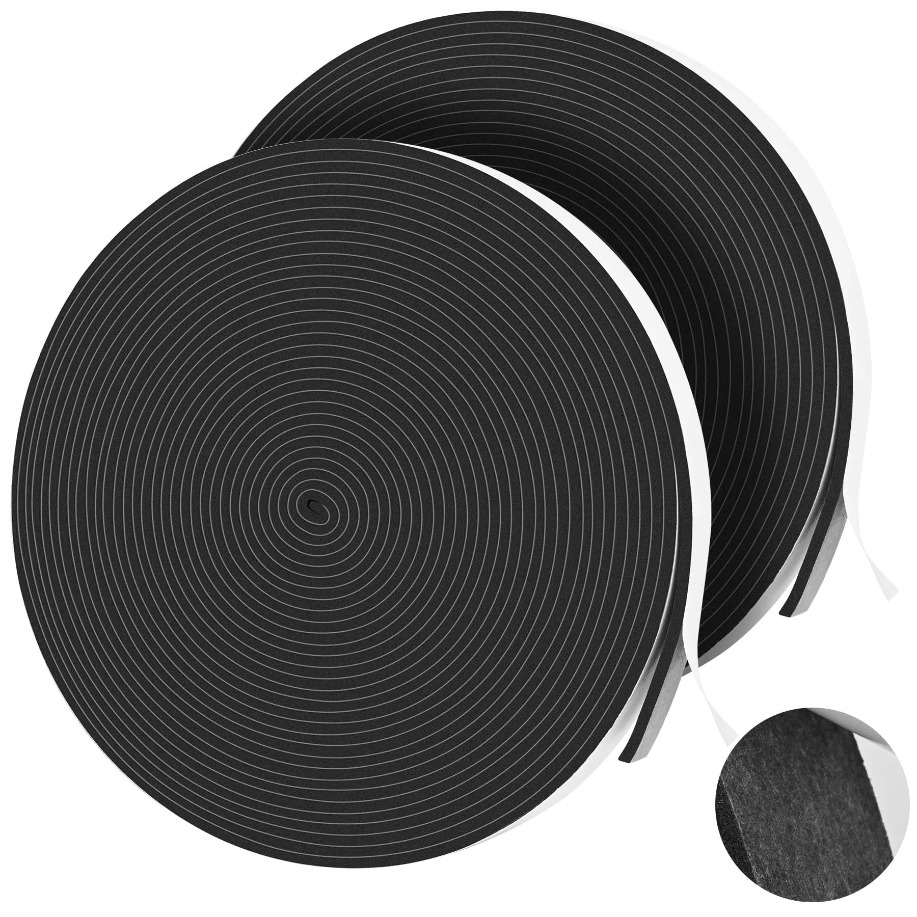 Two Rolls Thirty Three Point One Feet Self Adhesive Foam Weather Strips For Doors And Windows EVA High Density Seals in black.
