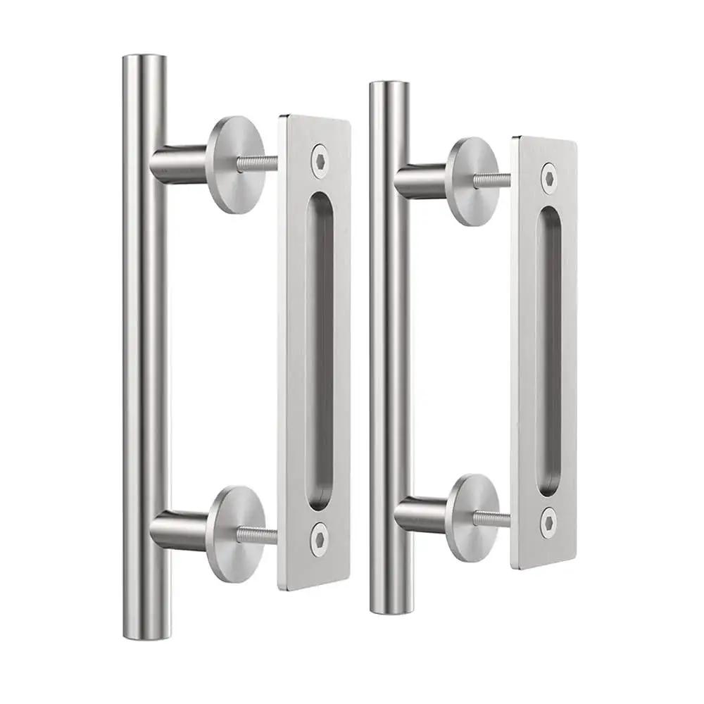 Two Sided Sliding Barn Door Handle Hardware In Brushed Stainless Steel 304 Twelve Inch Length Flush Pull Design With Round Handle On One Side And Flat On The Other Heavy Duty Garden Gate Shed Pull Handle Set Of Two
