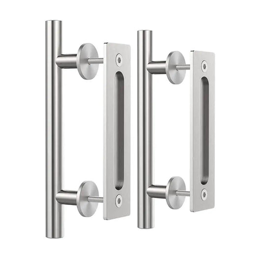 Two Sided Sliding Barn Door Handle Hardware In Brushed Stainless Steel 304 Twelve Inch Length Flush Pull Design With Round Handle On One Side And Flat On The Other Heavy Duty Garden Gate Shed Pull Handle Set Of Two