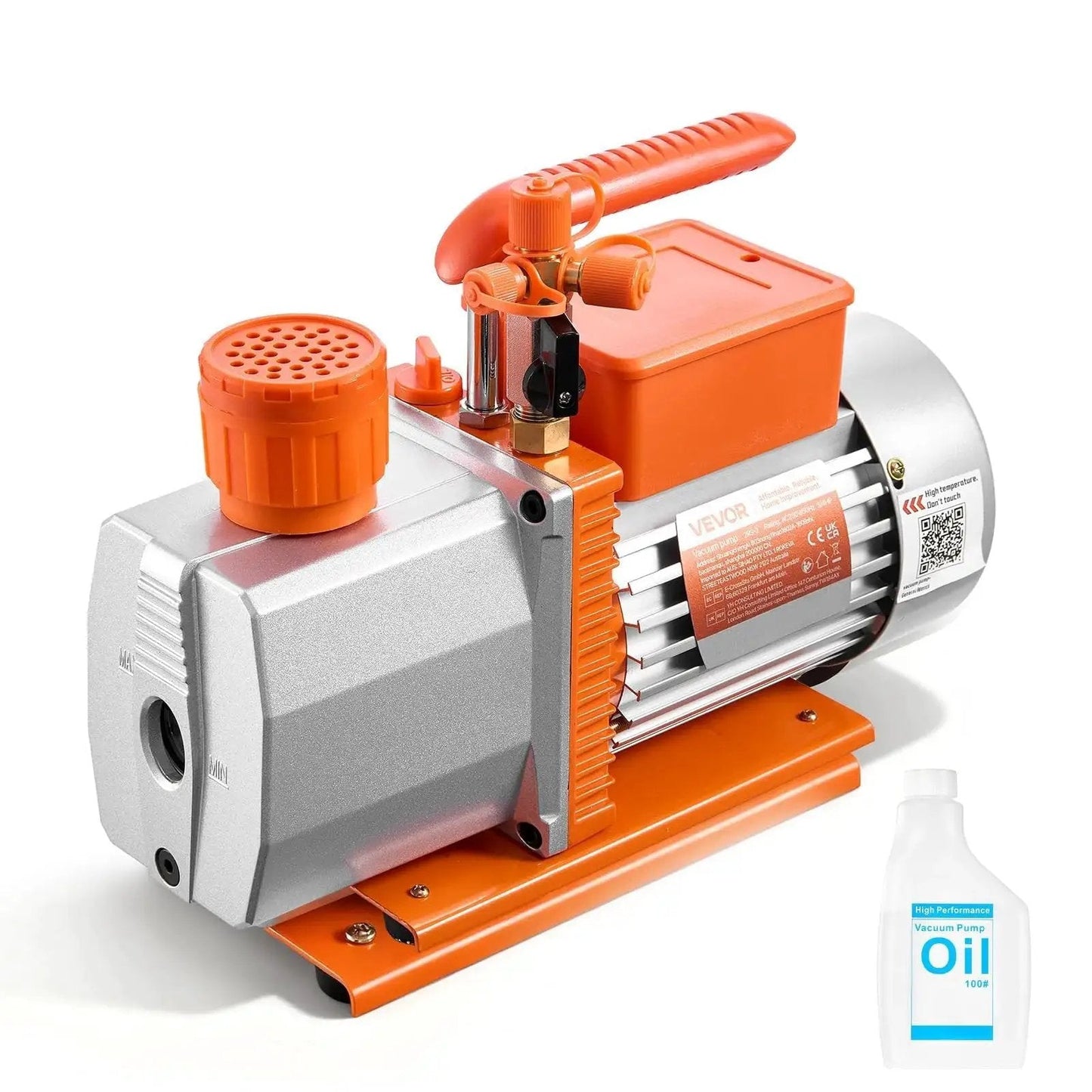 Pro Grade Two Stage Rotary Vane HVAC Vacuum Pump For Automotive AC Maintenance Three Quarter HP With Oil Included viewed with oil bottle