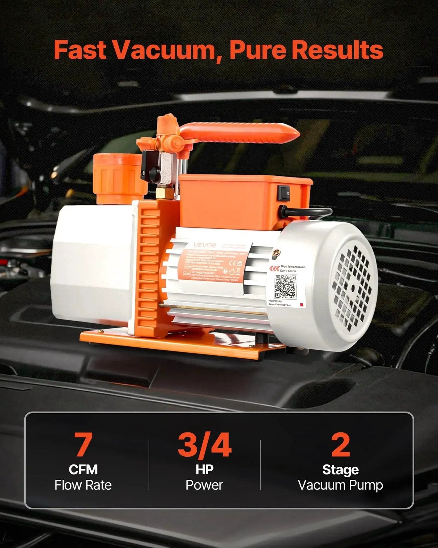Pro Grade Two Stage Rotary Vane HVAC Vacuum Pump with 3/4 HP in automotive AC maintenance setting.
