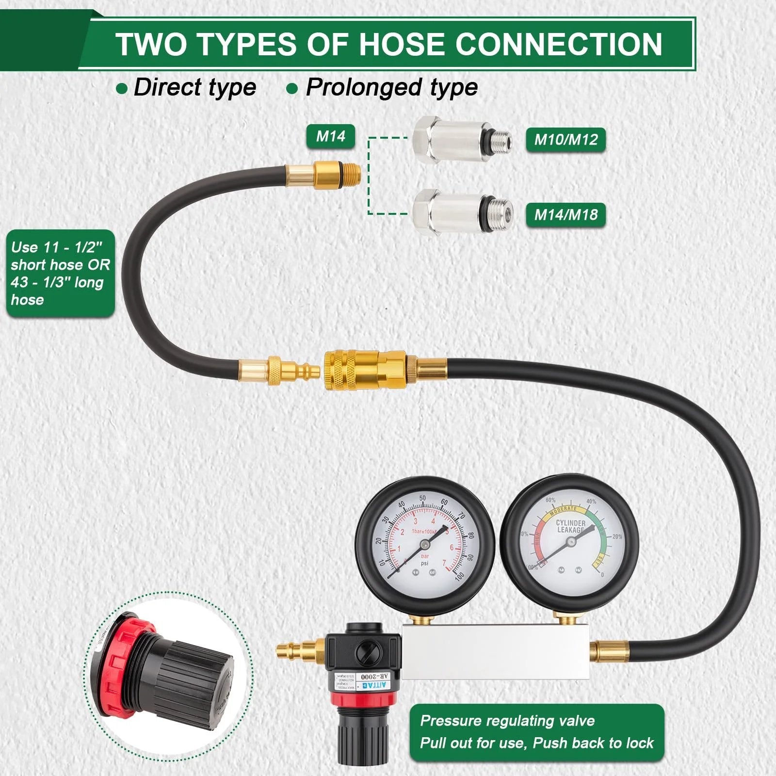 All In One Cylinder Leak Down Tester Kit For Automotive Engines With Dual Gauge 0 To 100 Psi And 0 To 100 Percent Leakage Rate 18 Inch Hose AR2000 Regulator showing hose connections and gauges.