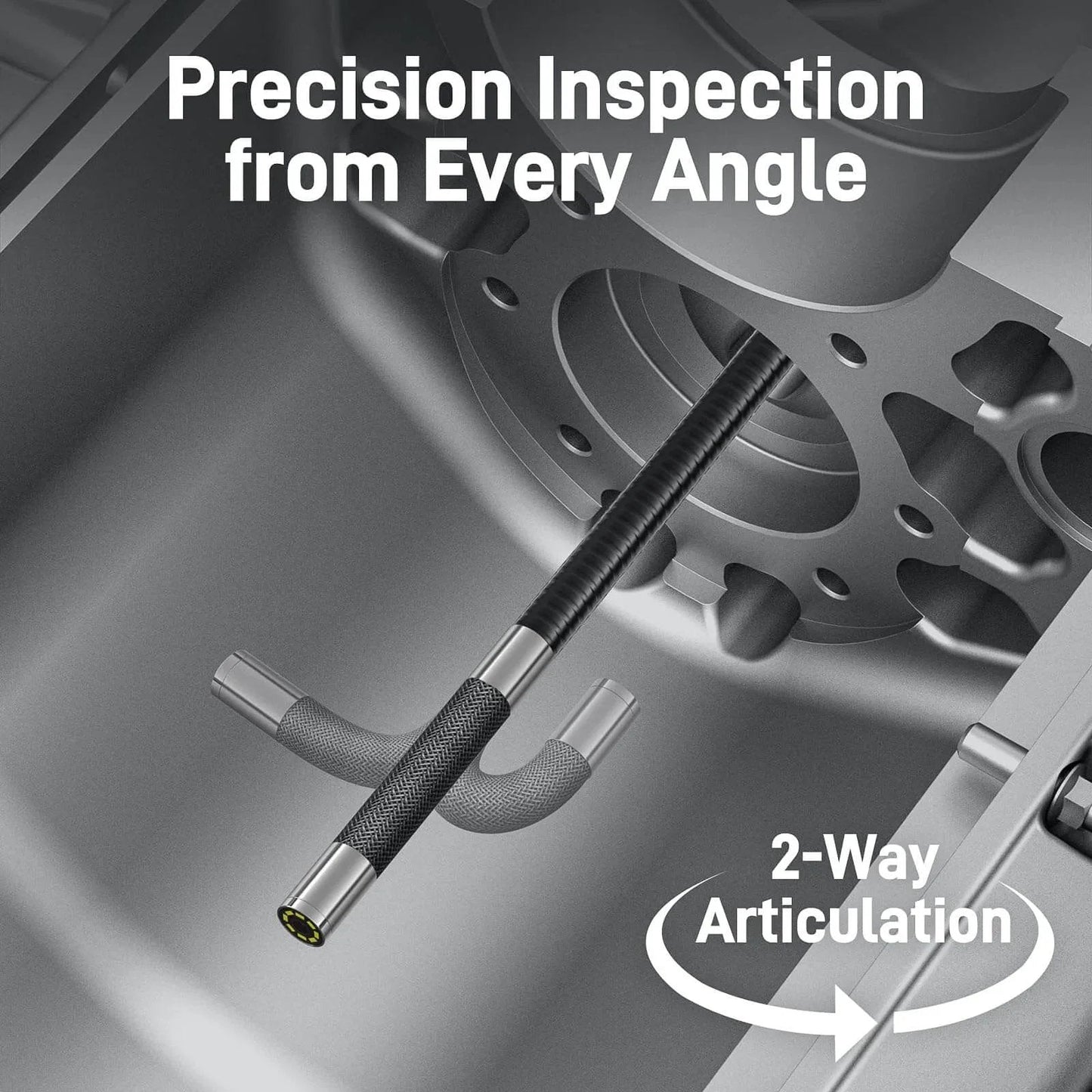 Two-Way Articulating Borescope with Light inspecting engine block, showing flexible probe and 2-way articulation for precision inspection.