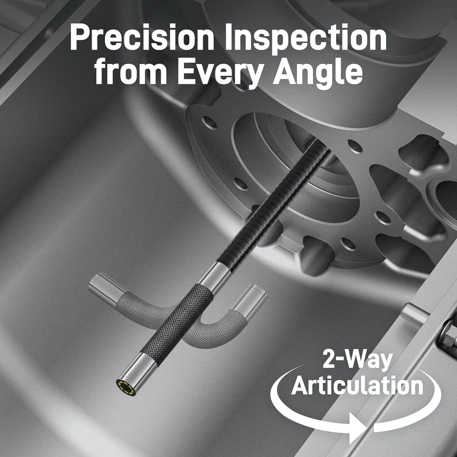 Two-Way Articulating Borescope with Light inspecting engine block, showing flexible probe and 2-way articulation for precision inspection.
