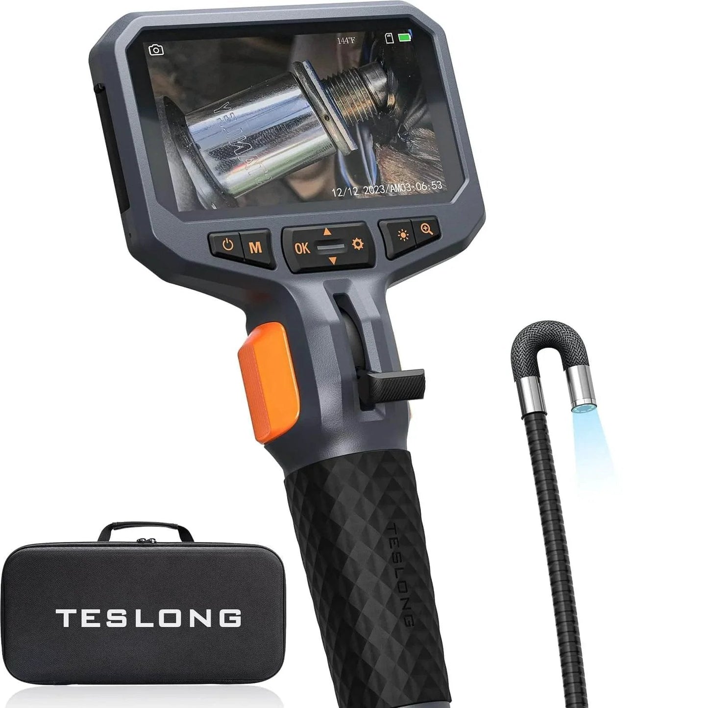 Two-Way Articulating Borescope with Light showing display and articulated probe next to carrying case