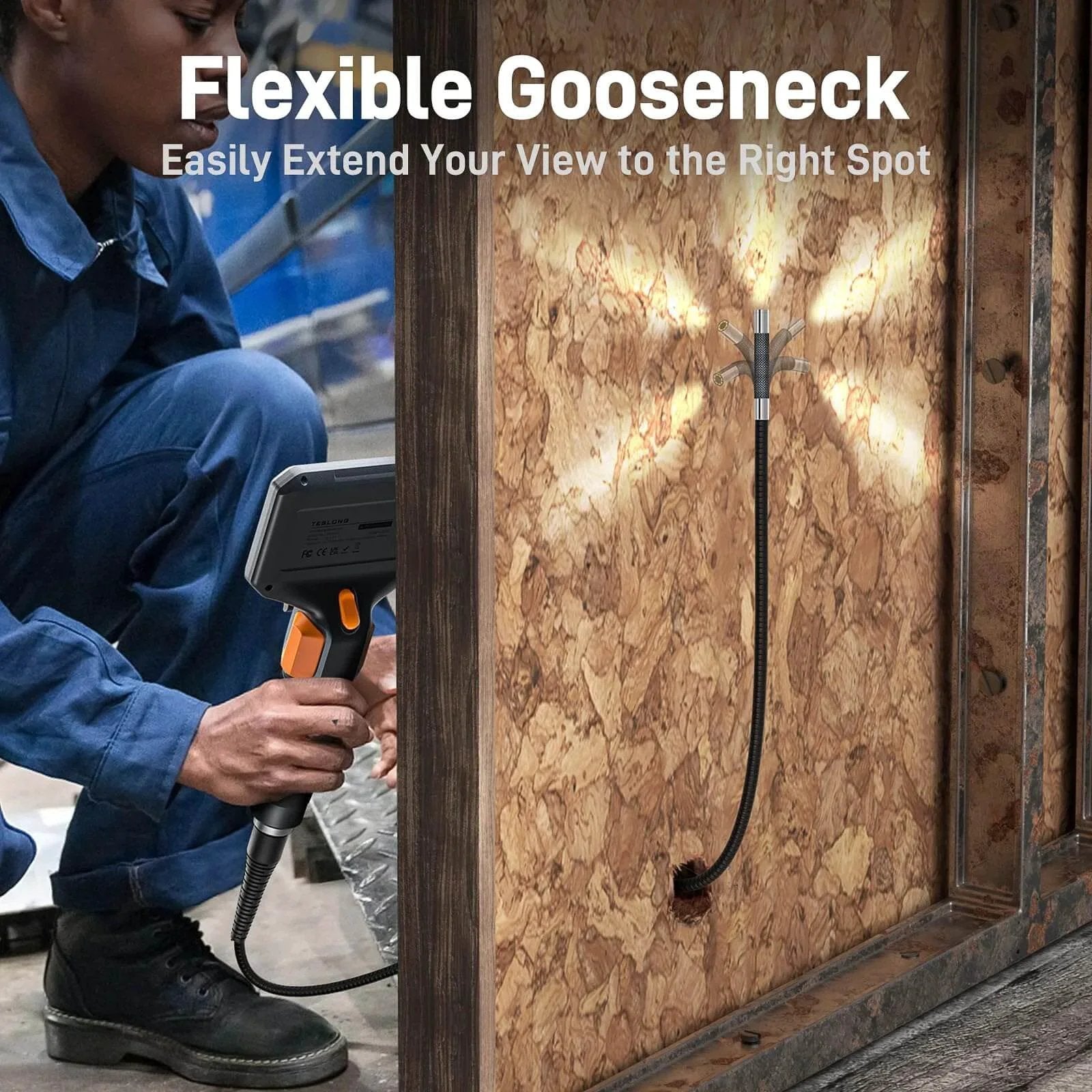 Technician using Two-Way Articulating Borescope with Light to inspect a wall cavity
