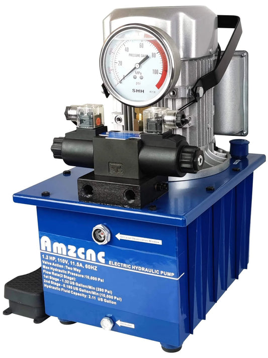 AMZCNC Two Way Electric Hydraulic Pump 10,000 PSI, 110–120V Power Pack, close-up showing 2-stage double acting pump and quick coupler