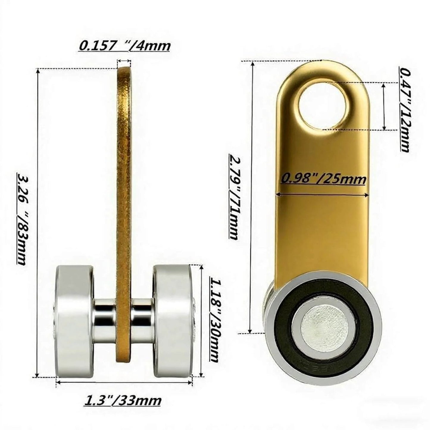 Detailed dimensions of 2 Wheel Cable Trolley Assembly Rollers with Dual Bearings for 1-5/8 Inch & Taller Strut Channel, side and front views.
