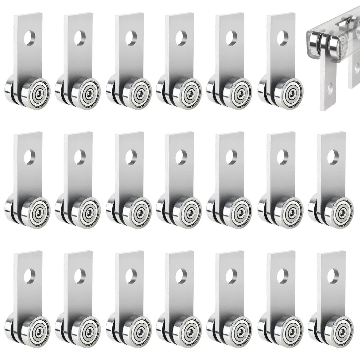 20 Pack 2 Wheels Trolley Assembly Rollers for 1-5/8" Strut Channel, shown in neat rows, steel material and bearings visible