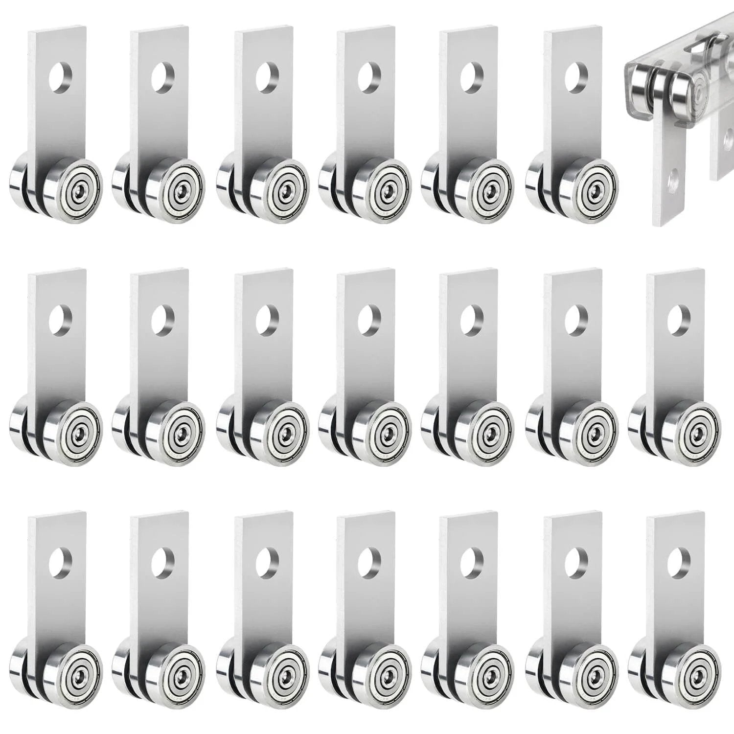 20 Pack 2 Wheels Trolley Assembly Rollers for 1-5/8" Strut Channel, shown in neat rows, steel material and bearings visible