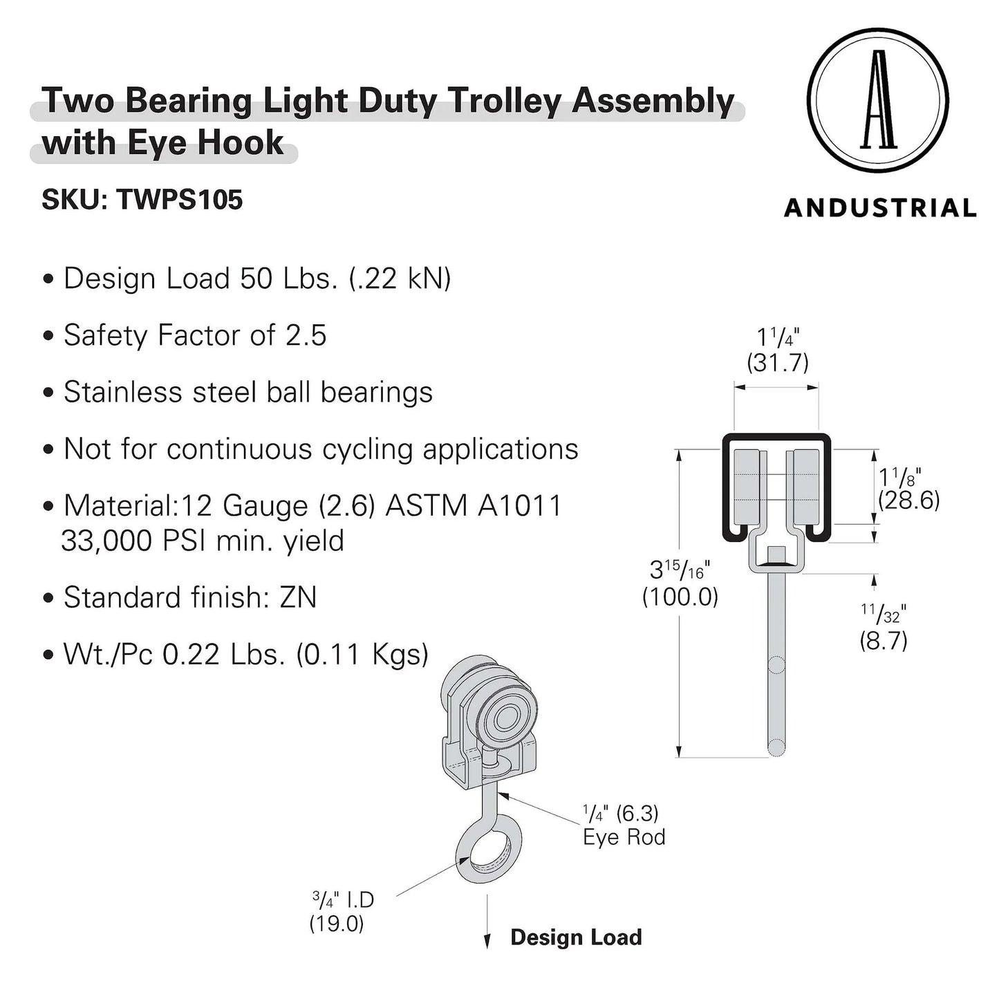 Diagram of 2 Wheels Trolley Assembly Rollers with Eye Hook Loop Silver Electro Galvanized Zinc Finish