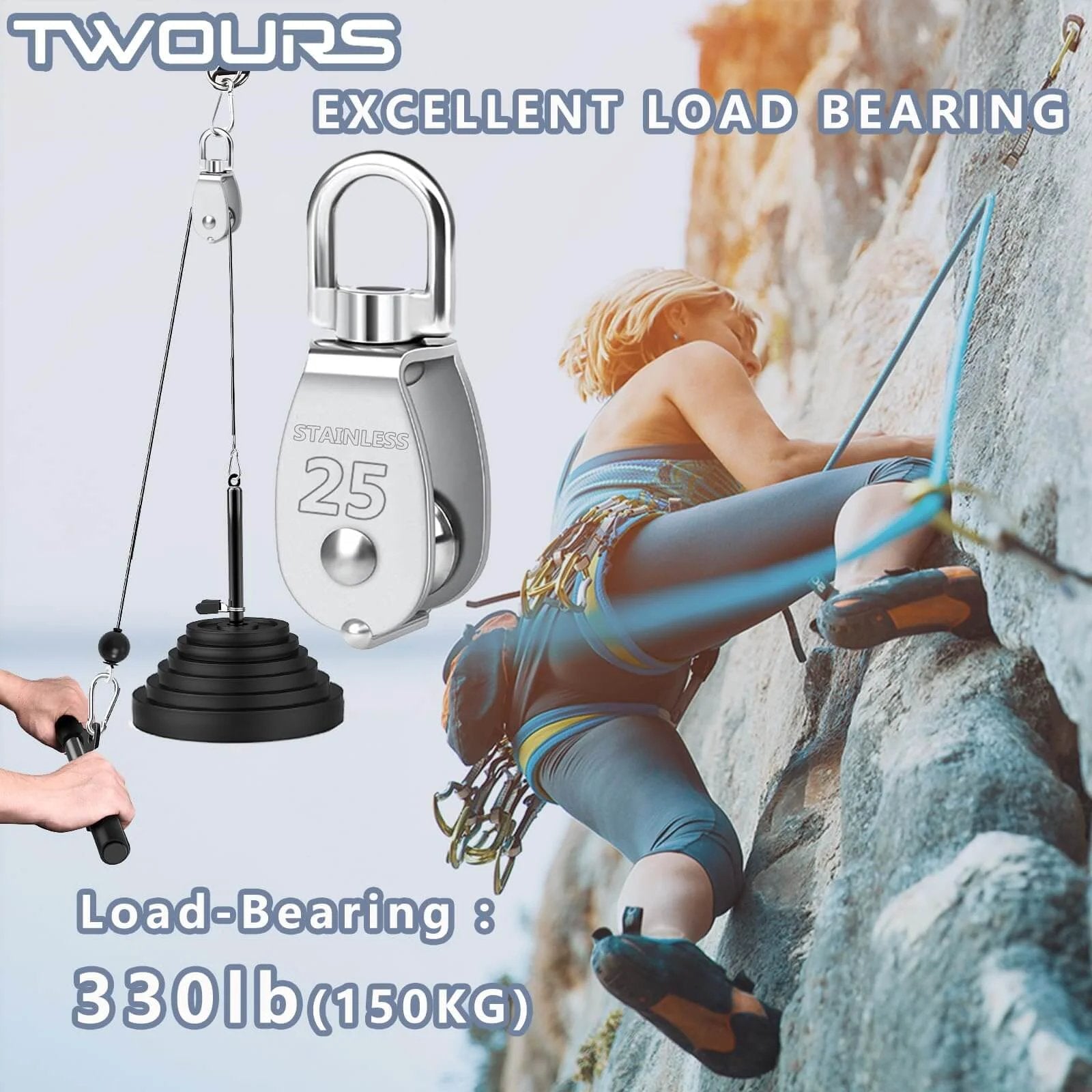 Twours Pulley 304 Stainless Steel Single Pulley Block M25 shown in use for climbing and lifting, supports up to 150 kg.