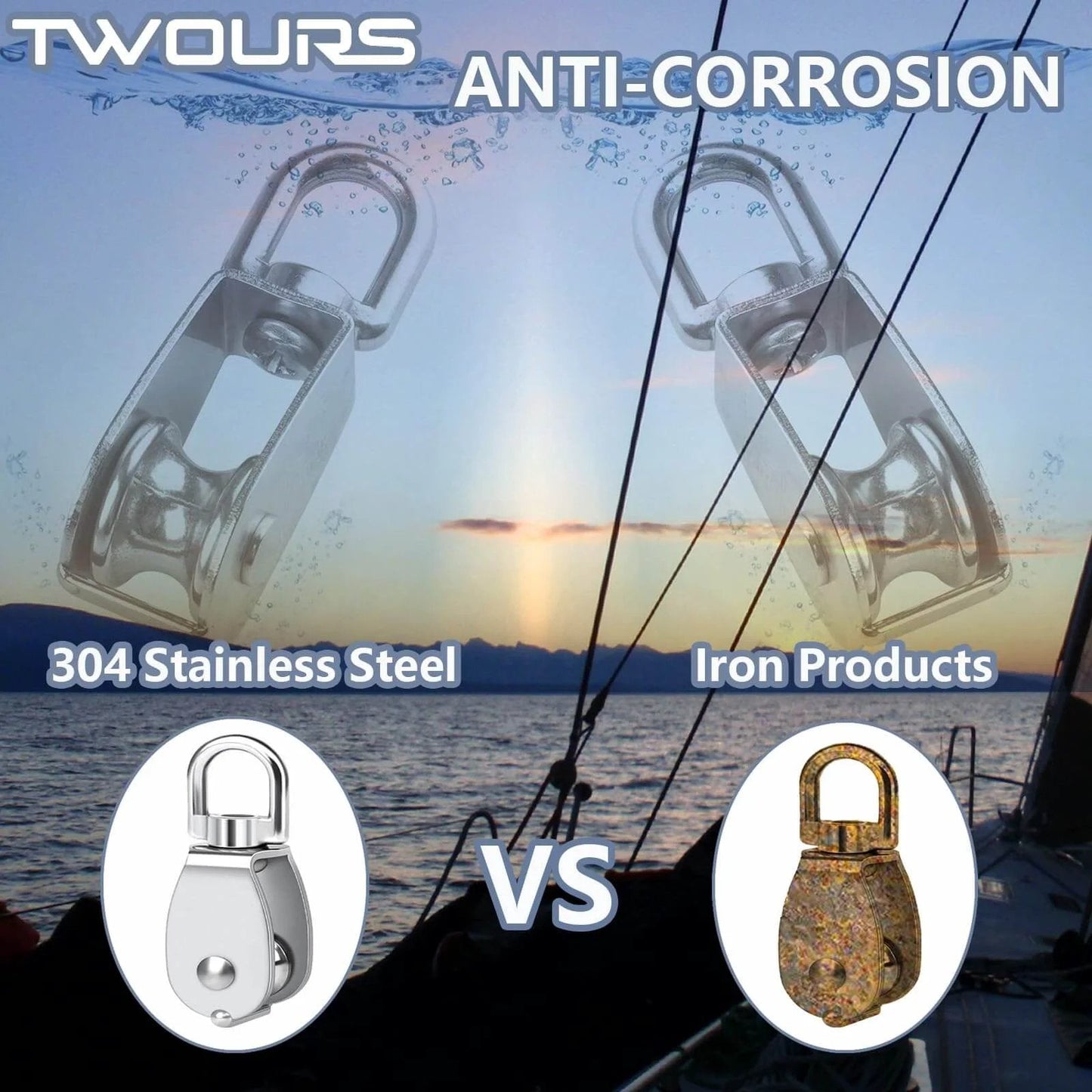 Twours Pulley 304 Stainless Steel Single Pulley Block M25 vs rusty iron product on sailing background