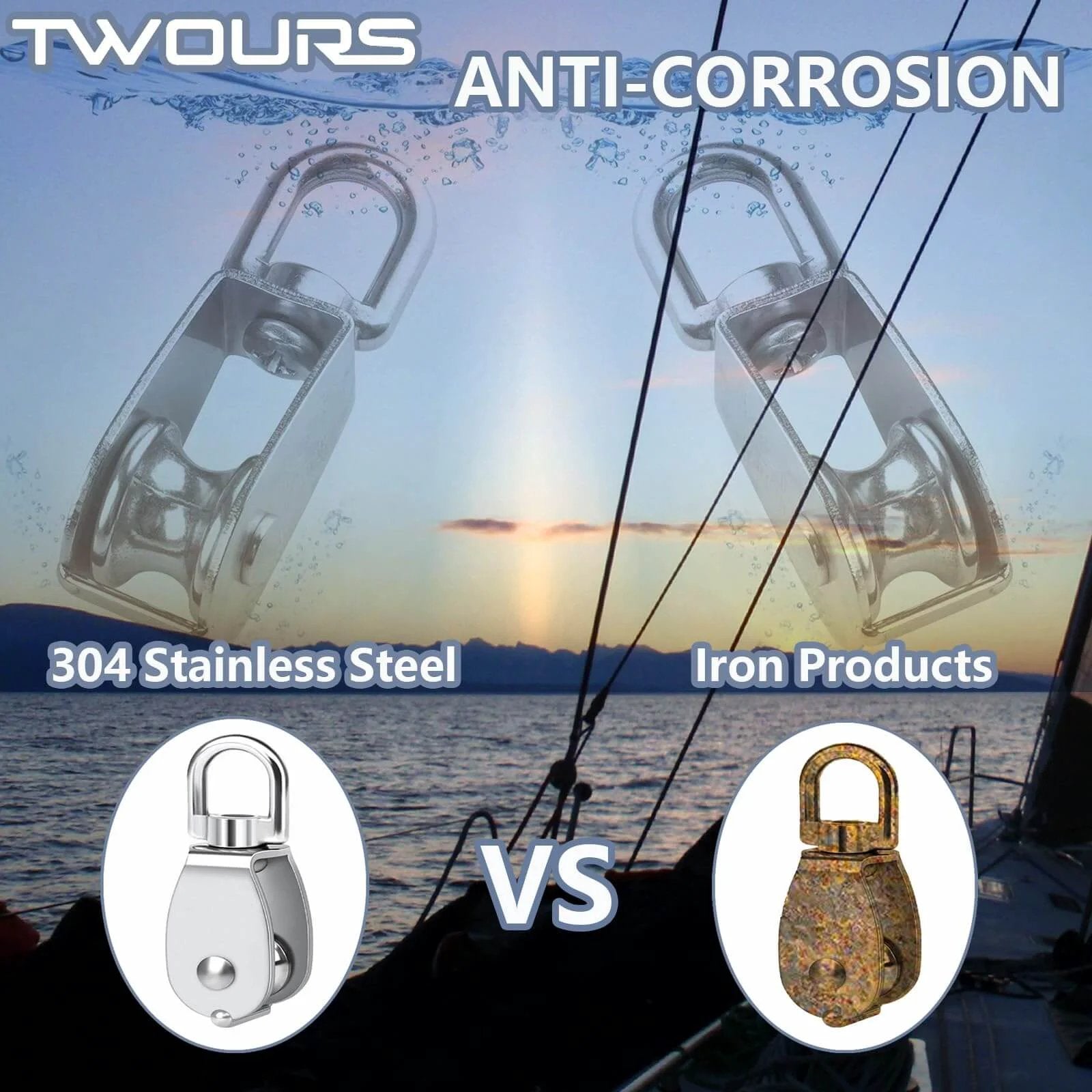 Twours Pulley 304 Stainless Steel Single Pulley Block M25 vs rusty iron product on sailing background