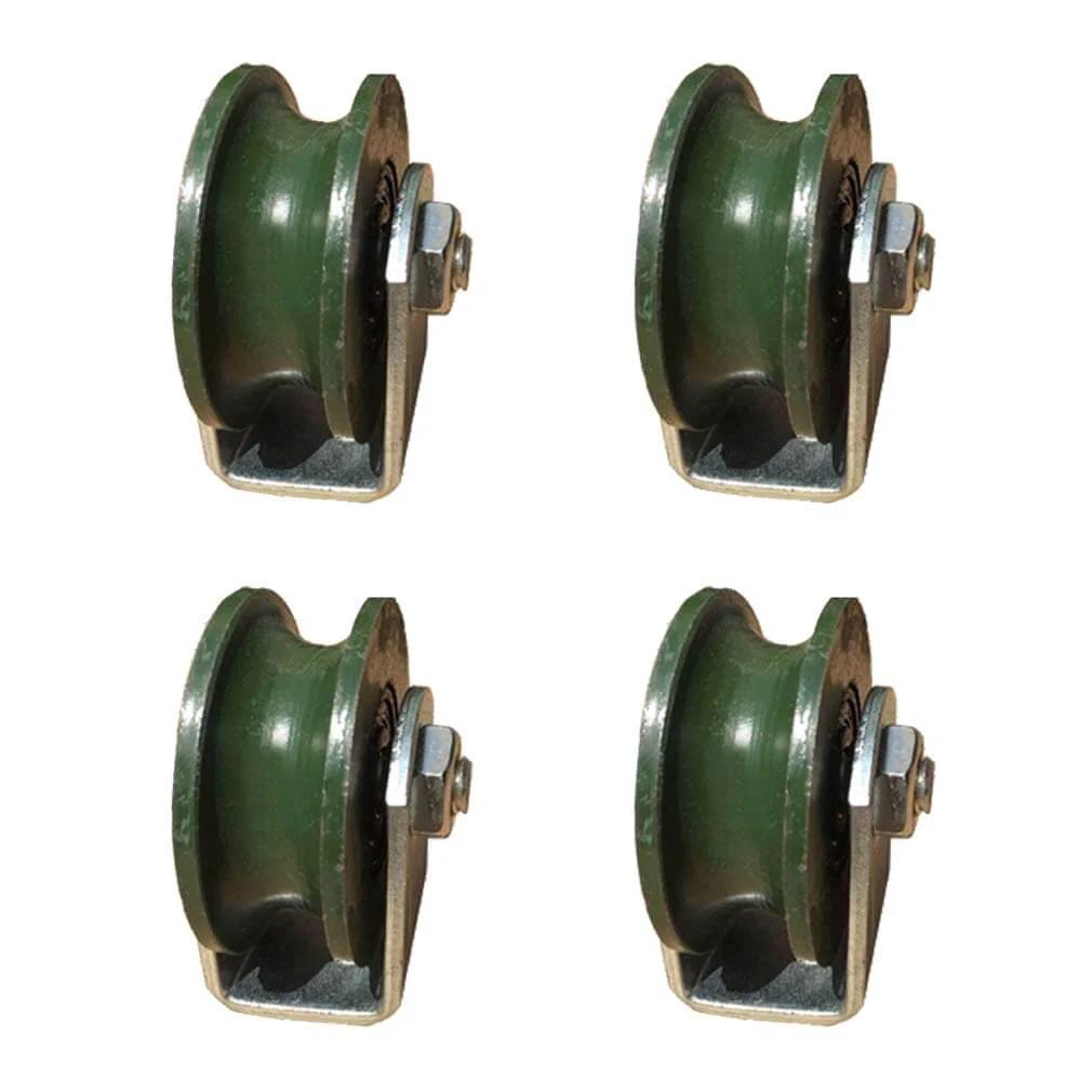 Heavy duty U-groove track pulley wheel set for inverted round tube systems, cast iron, 56mm diameter, includes 4 pieces