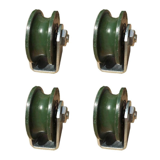 Heavy duty U-groove track pulley wheel set for inverted round tube systems, cast iron, 56mm diameter, includes 4 pieces