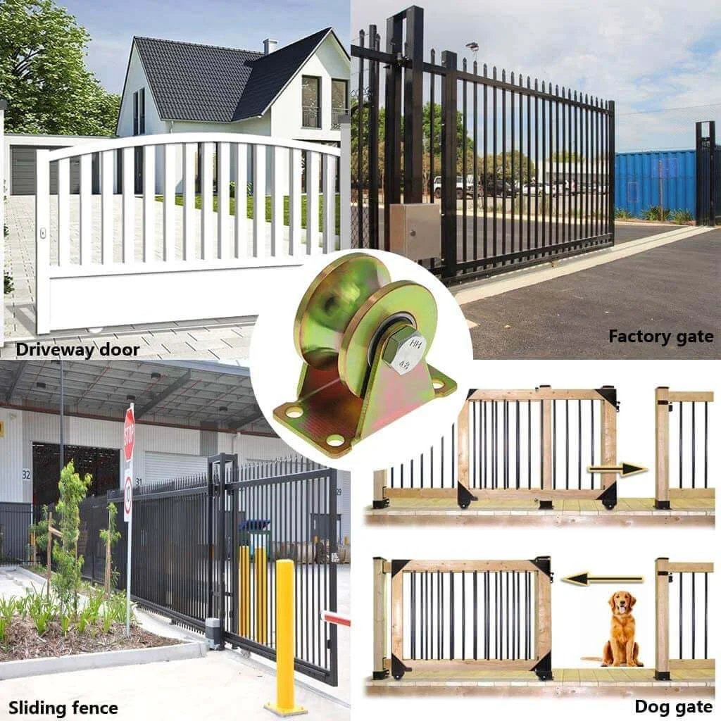 Collage of 3-Inch U-Groove Caster Wheels with Bracket - Load Capacity 1102lbs used on driveway door, factory gate, sliding fence, dog gate